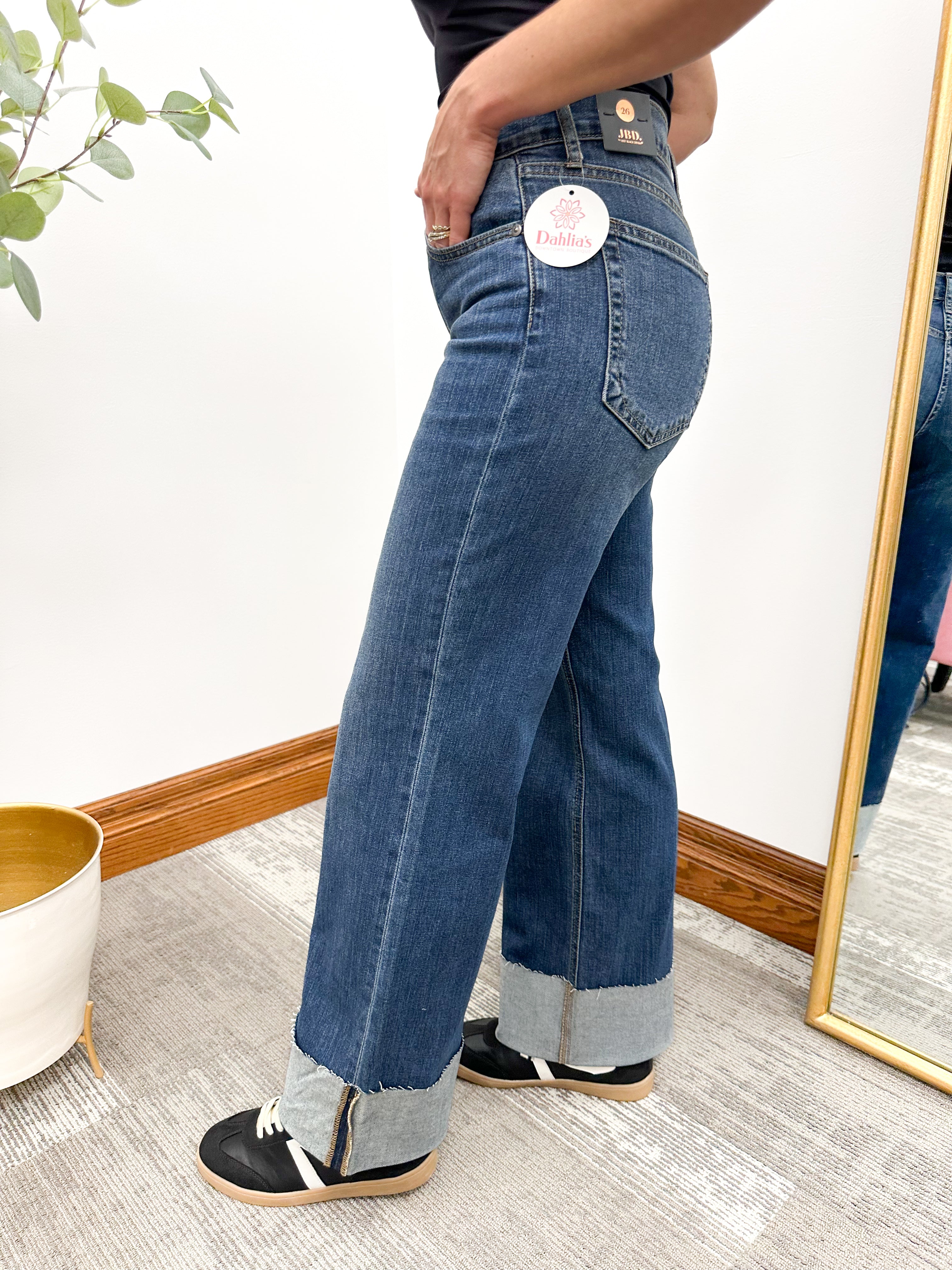Wide Leg Dark Wash Cuffed Jeans