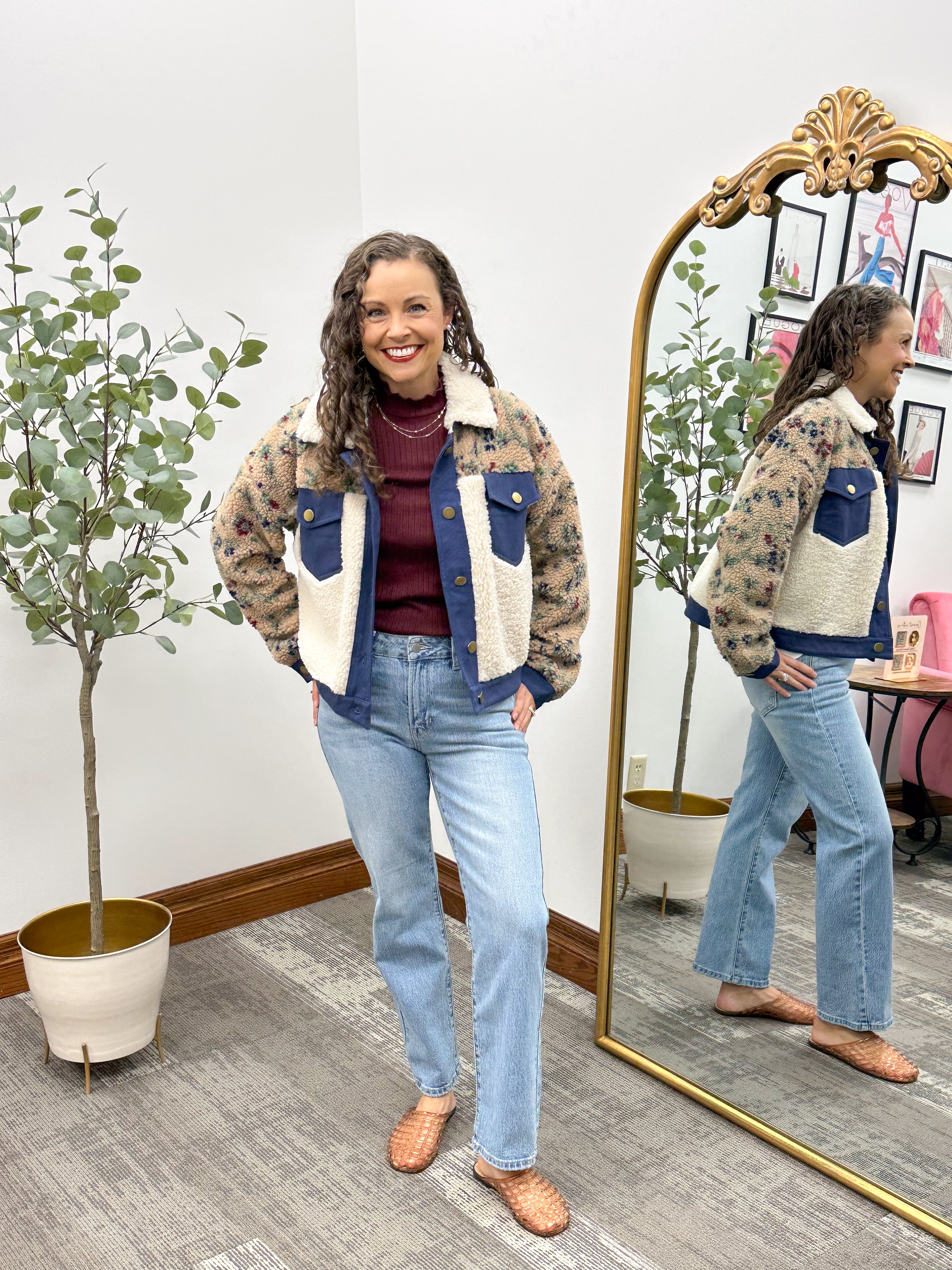 Floral Sherpa Button Up Bomber Jacket