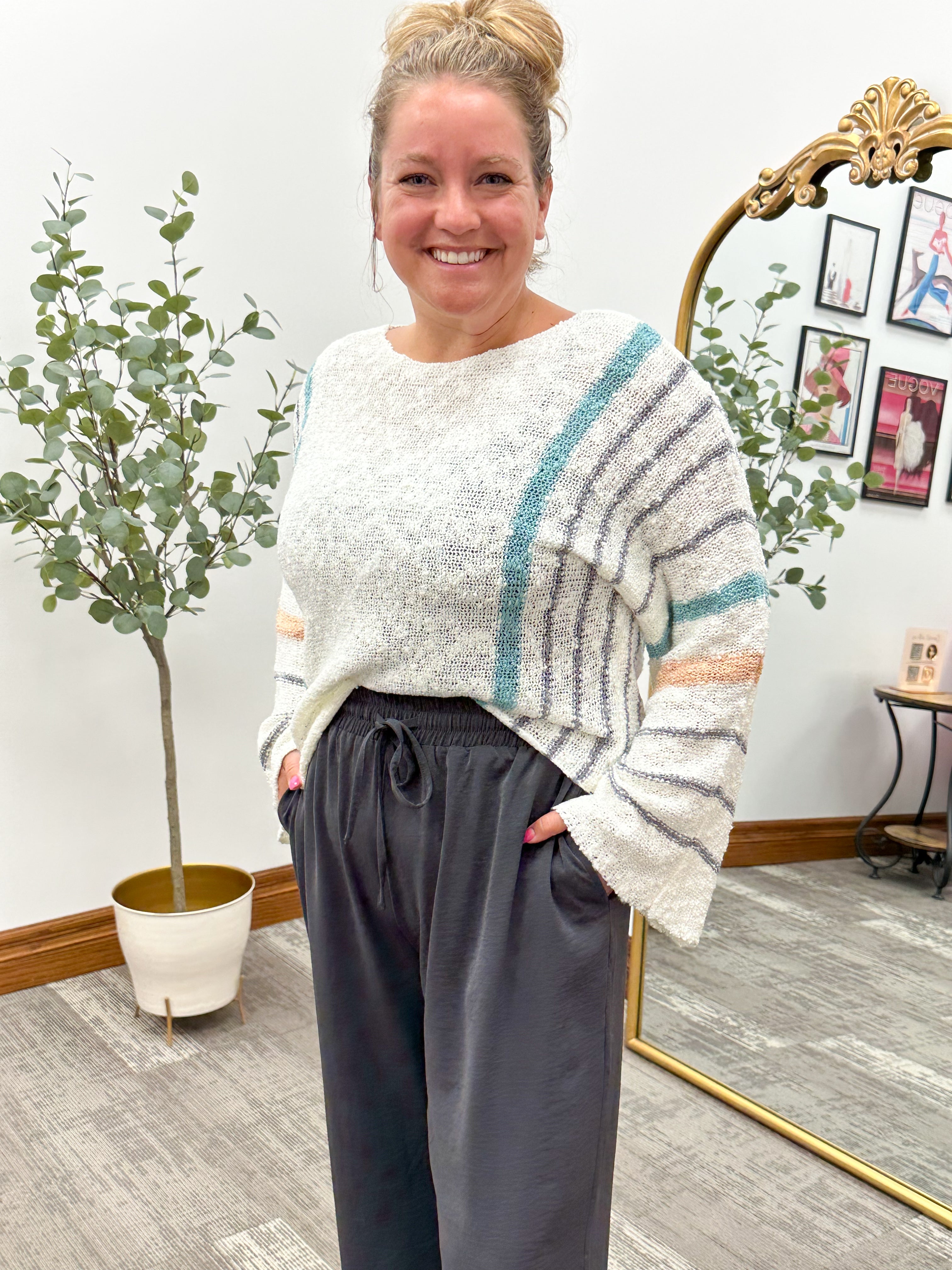 Hem & Thread Striped Bell Sleeve Sweater
