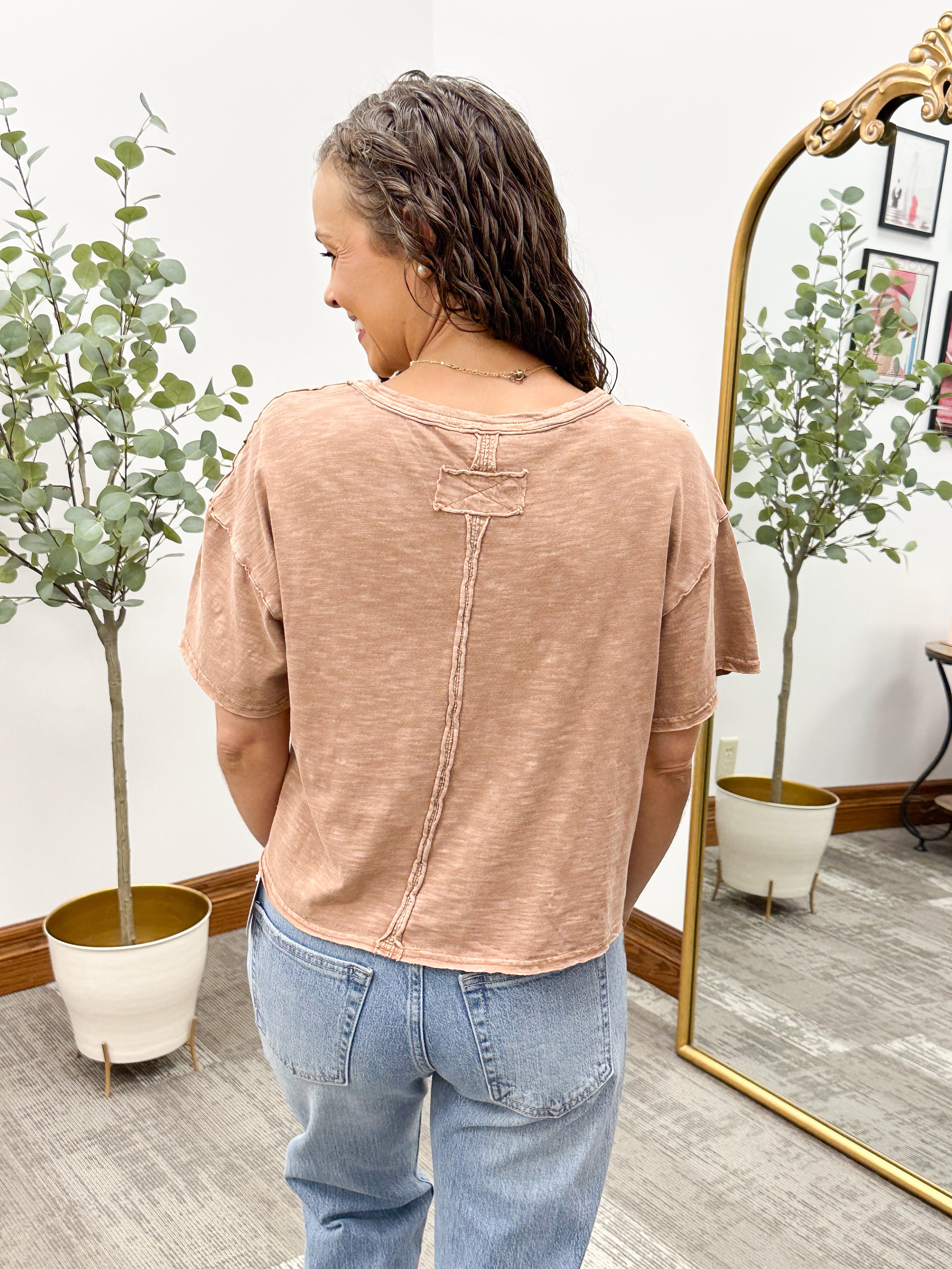 Brown Raw Edge Short Sleeve T-Shirt