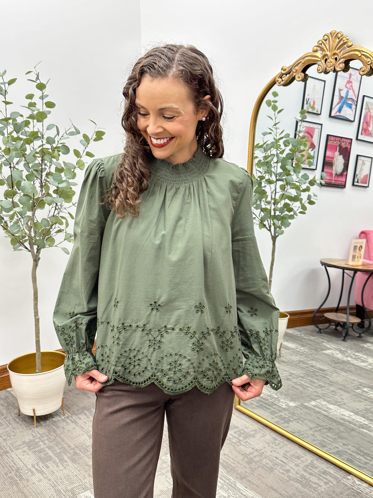 Olive Scallop Hem Eyelet Top