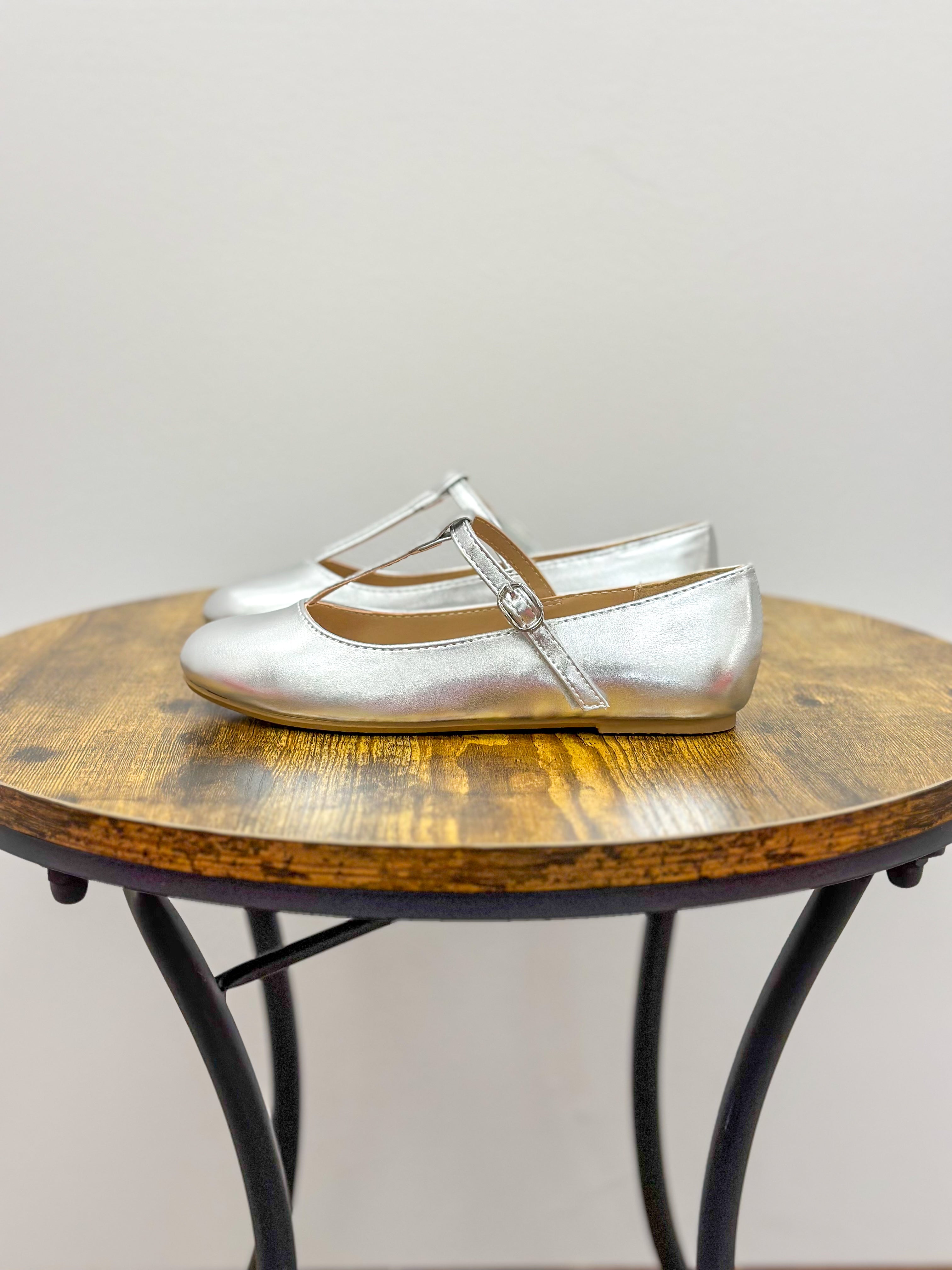 Girls Metallic Silver Flats