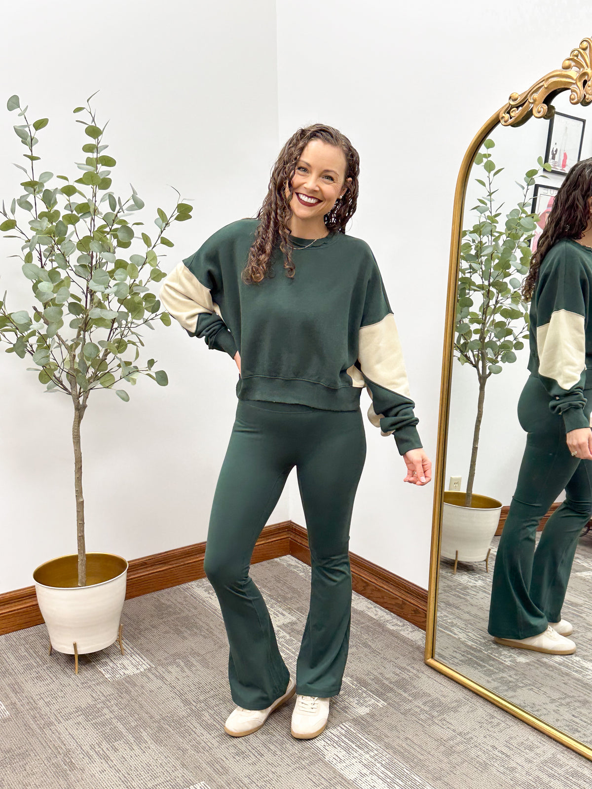 Forest Green Color Block Cropped Sweatshirt