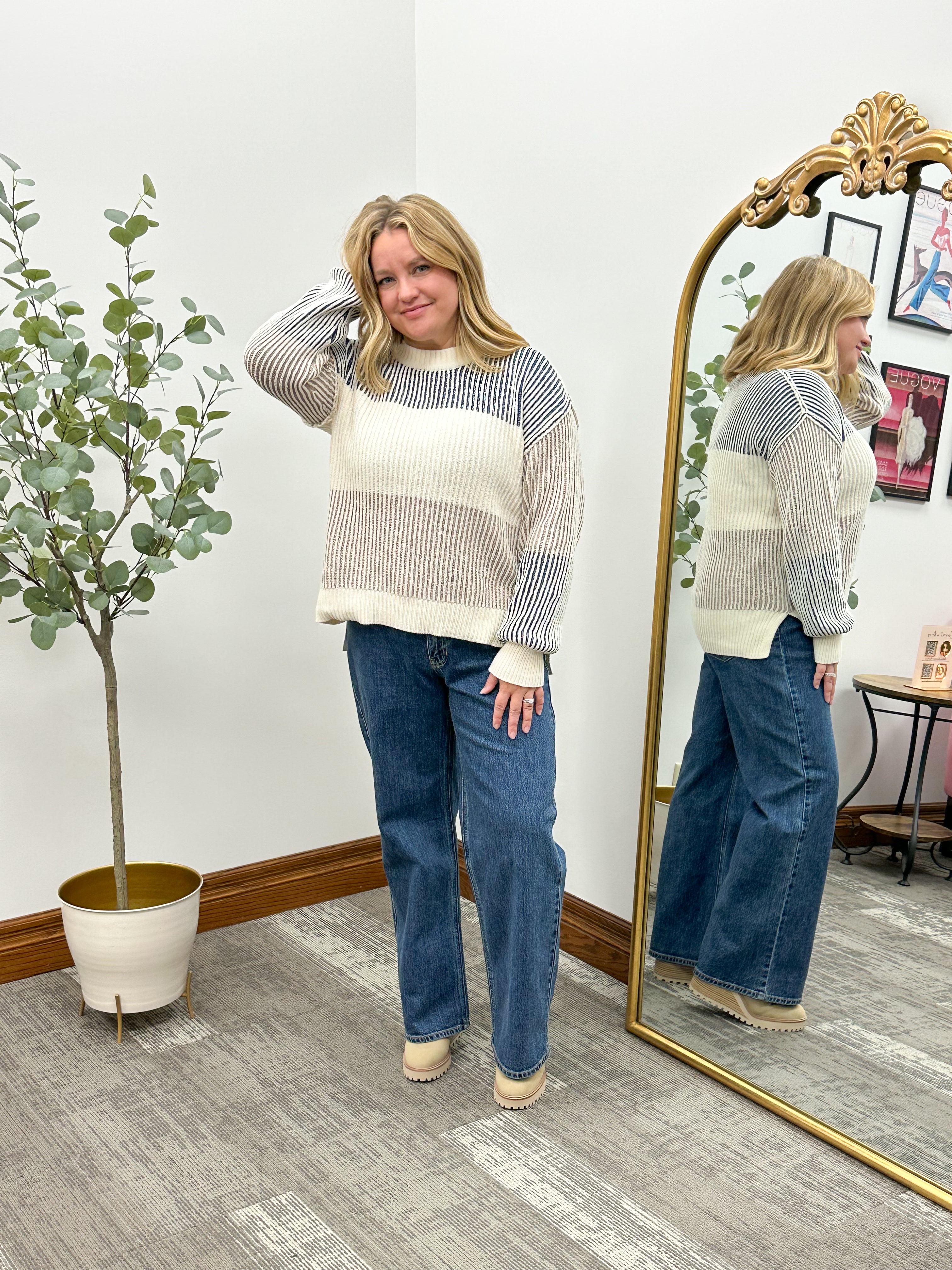 Neutral Color Block Ribbed Sweater