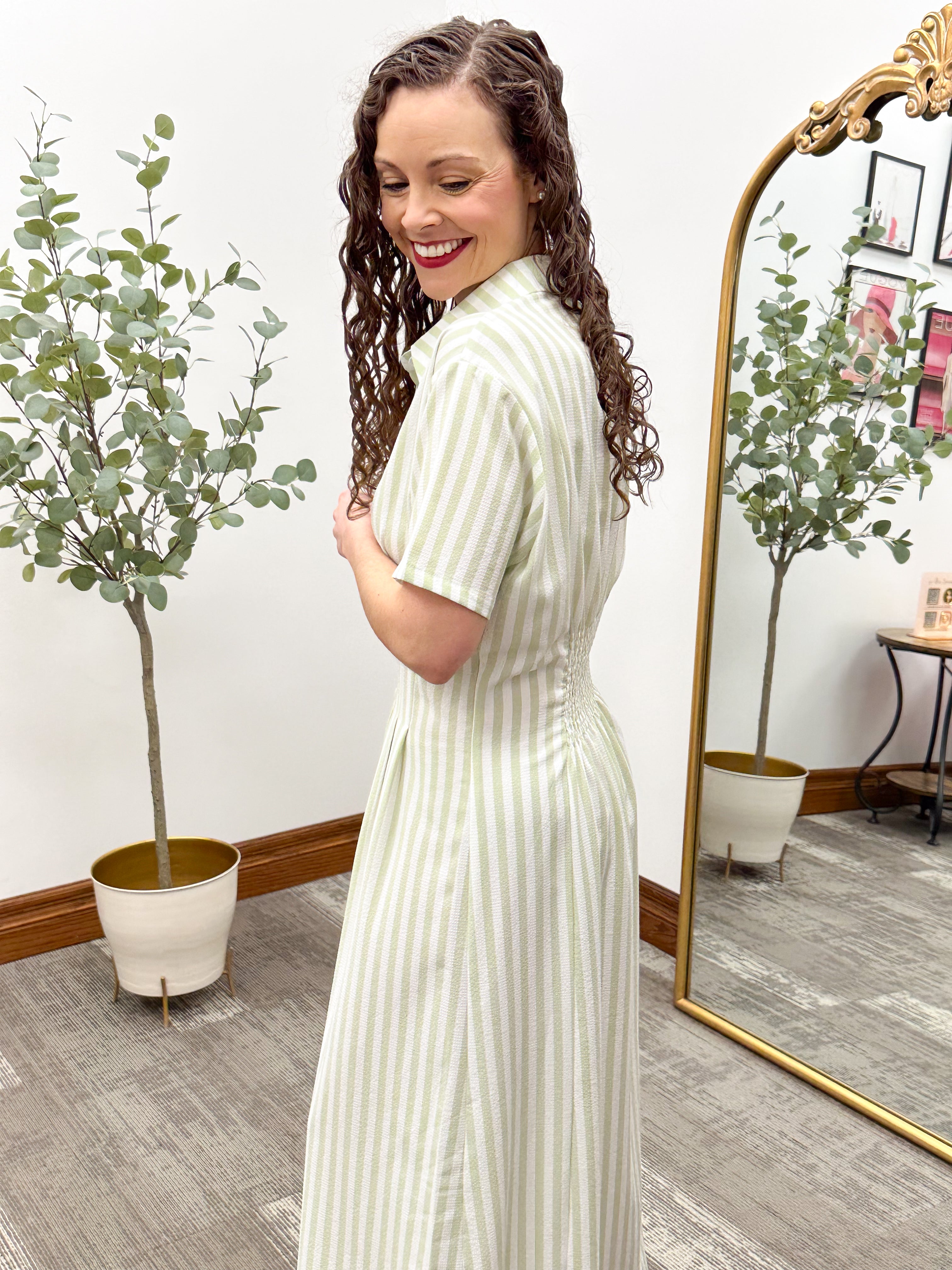Green Stripe Button Down Shirt Dress