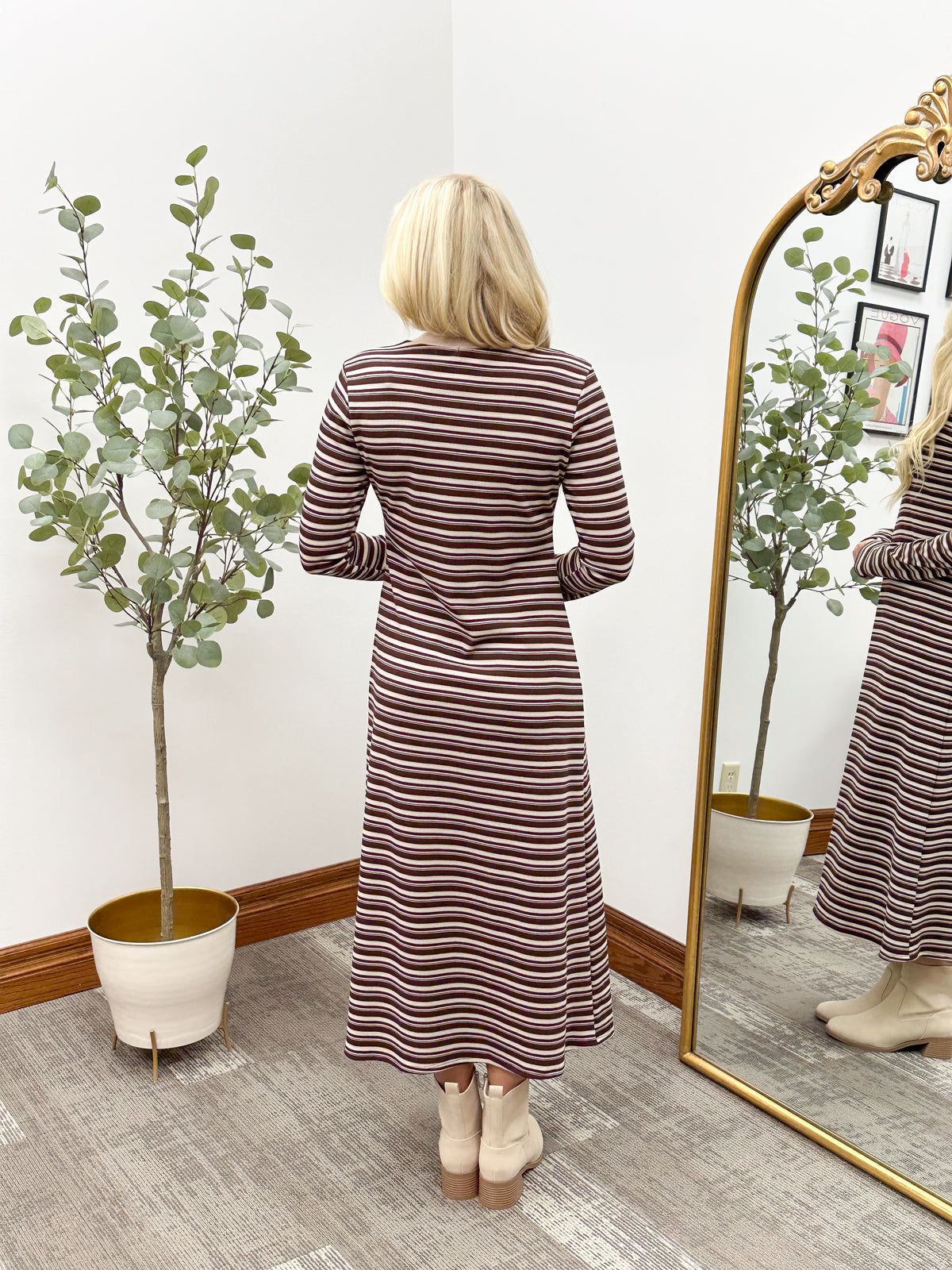 Brown Multi Stripe Textured Midi Dress