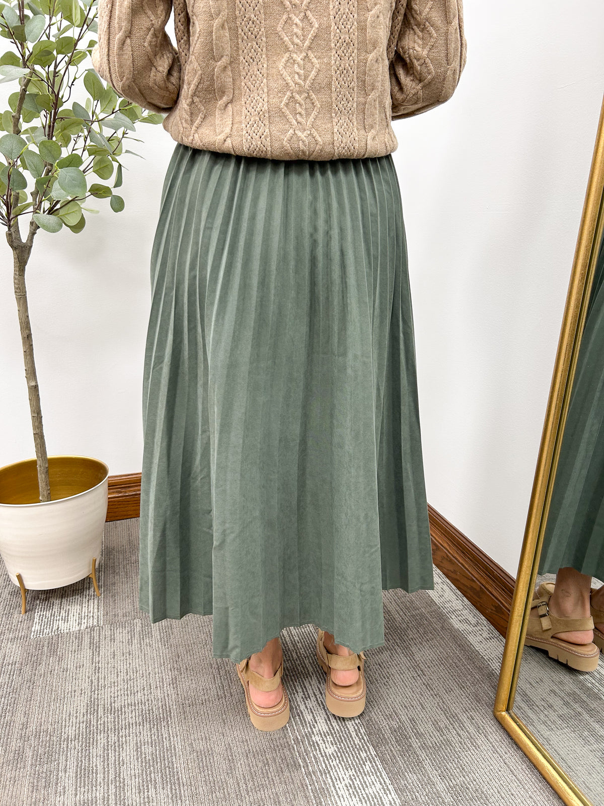 Olive Faux Suede Pleated Midi Skirt