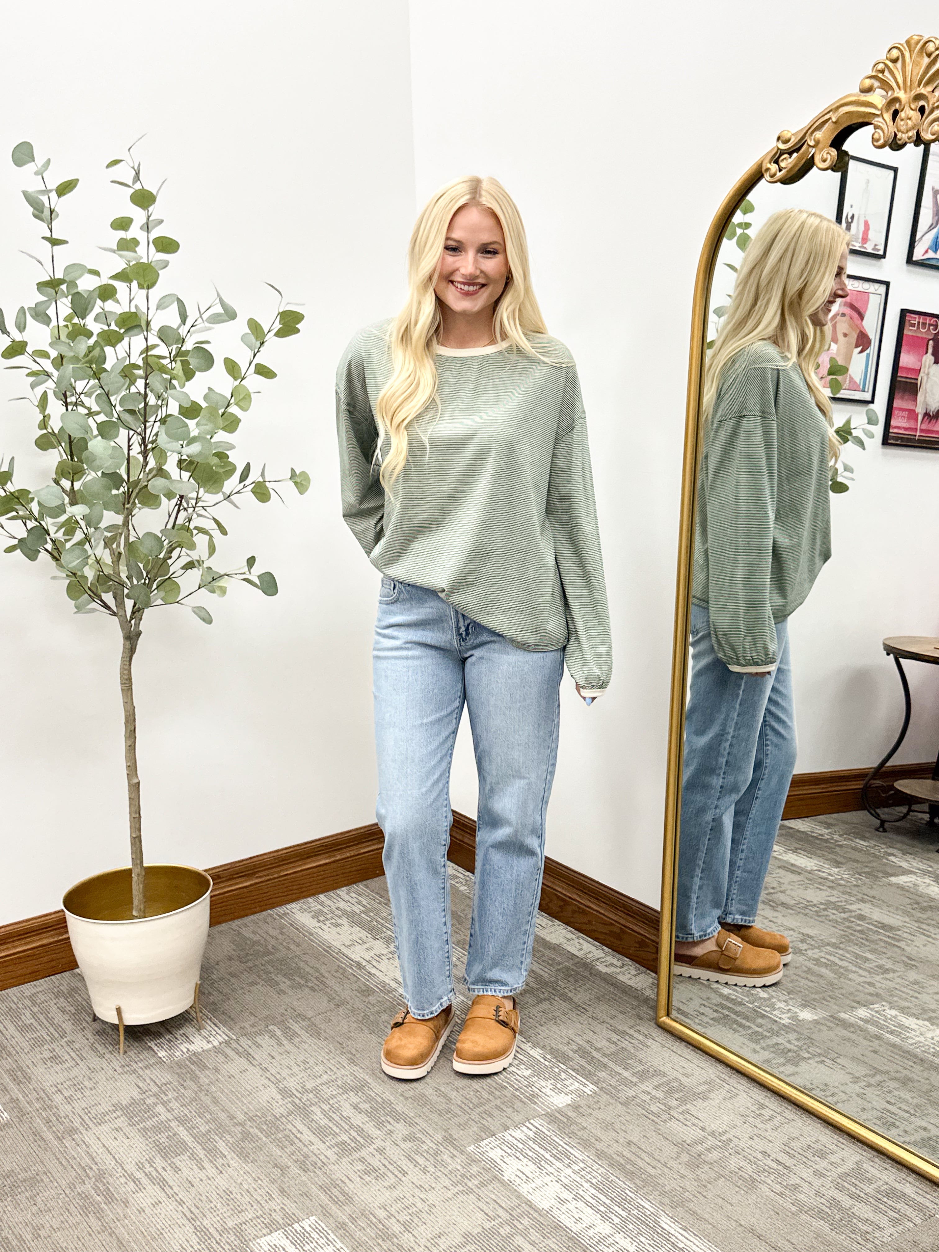 Striped Contrast Trim Long Sleeve Top
