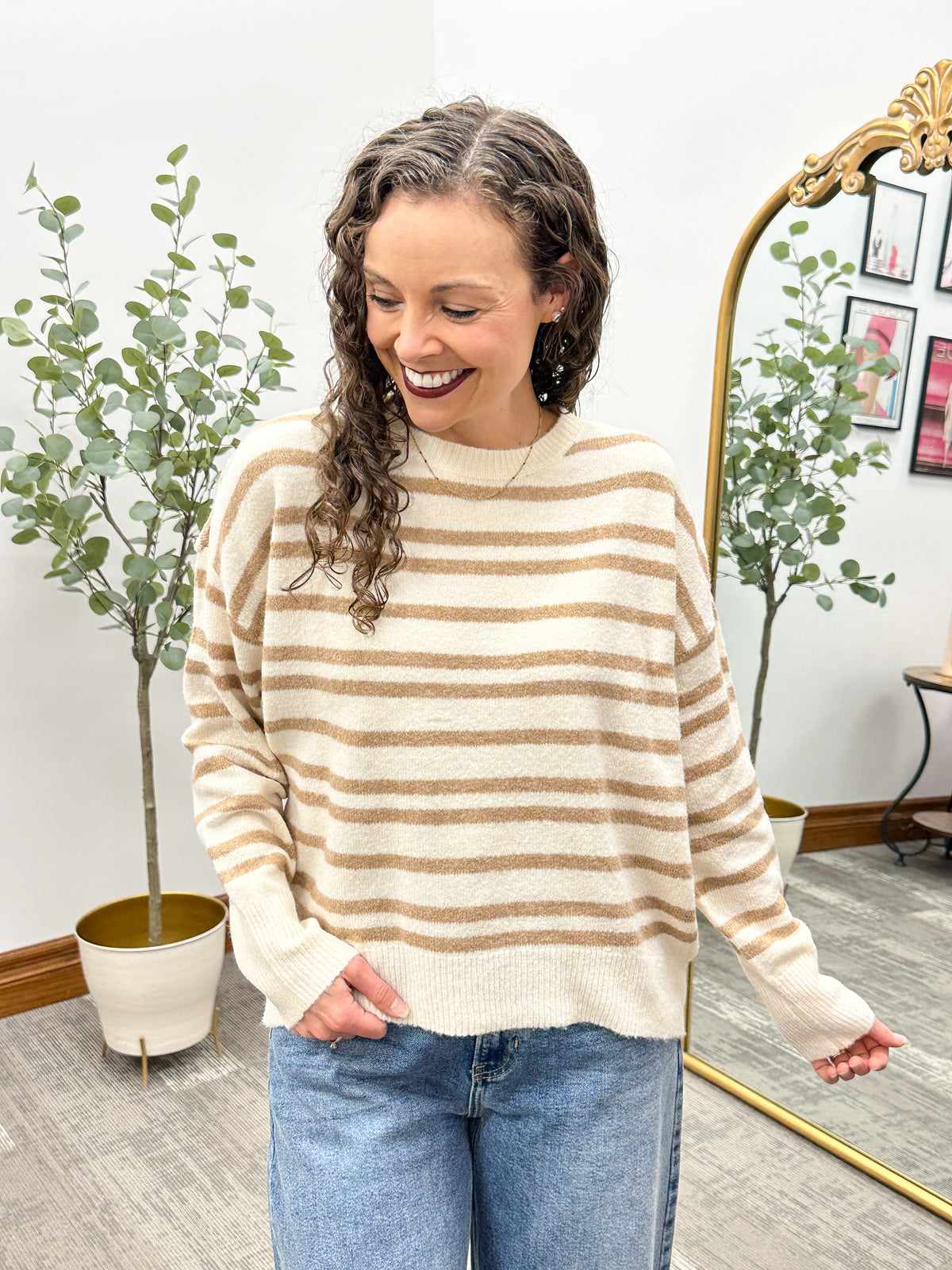 Taupe & Cream Striped Crew Neck Sweater