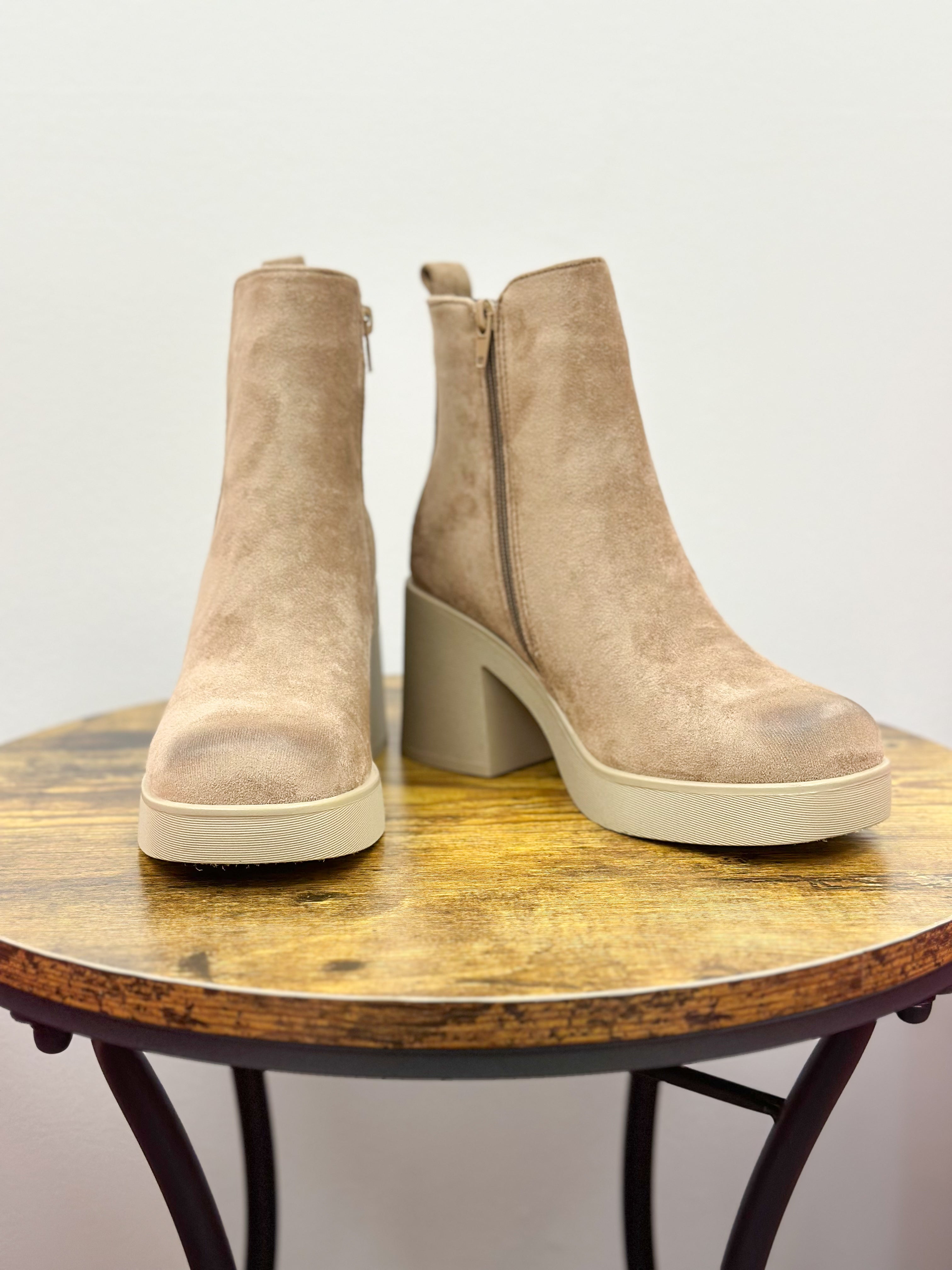 Taupe Chunky Heel Bootie