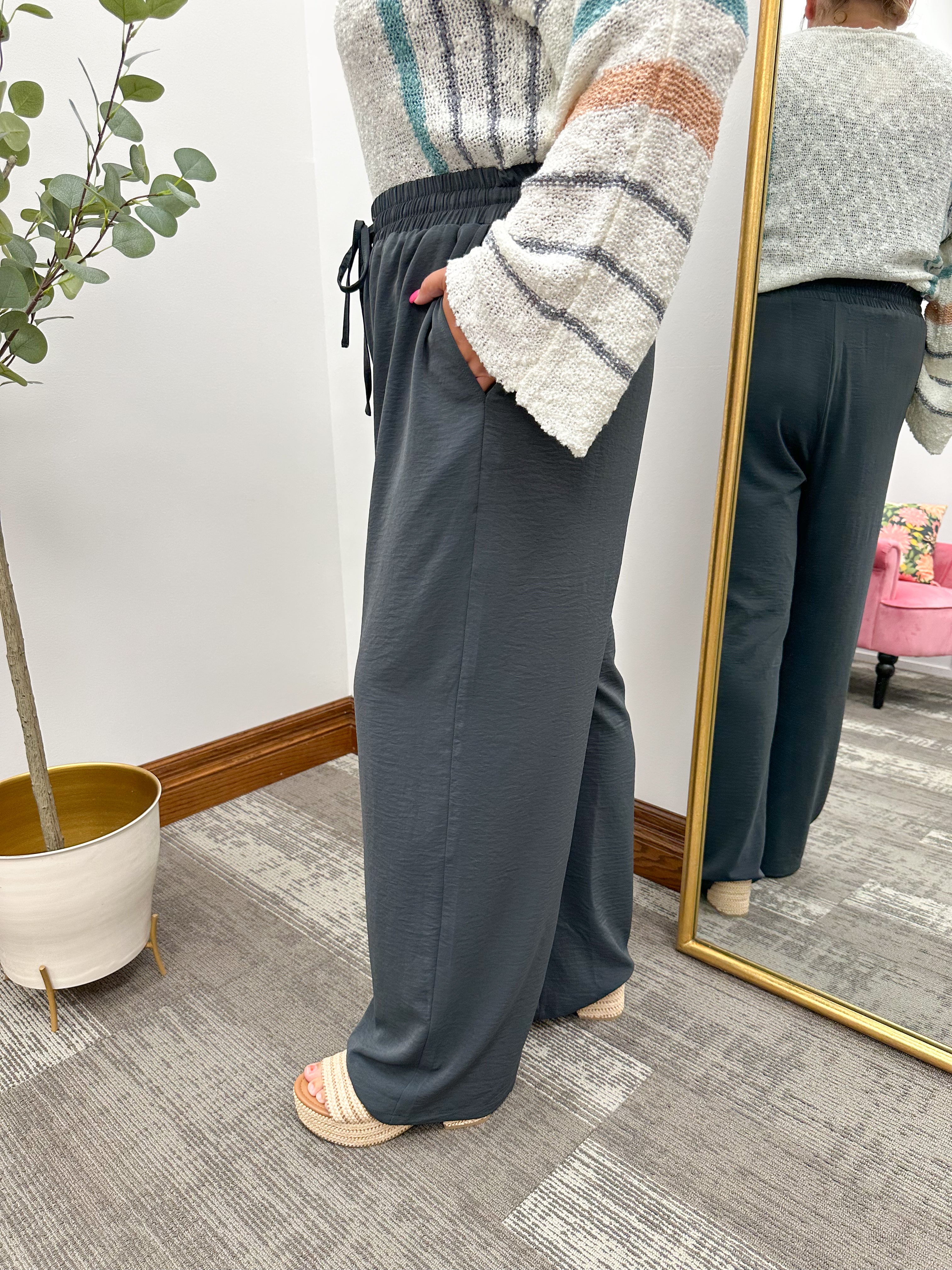 Navy Wide Leg Trouser Pants