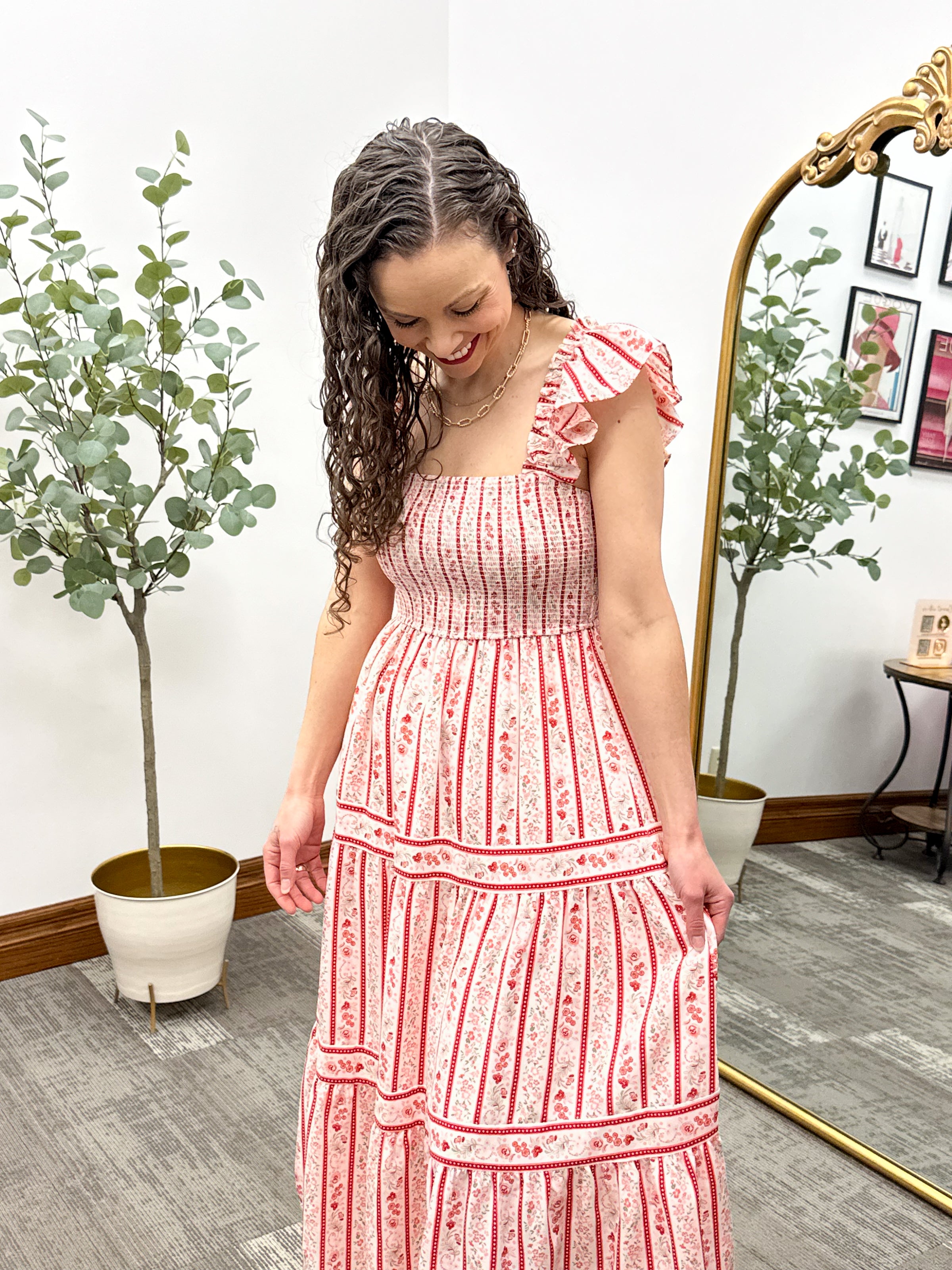 Red Floral Dress, wedding guest dress, cute long dress, floral midi dress