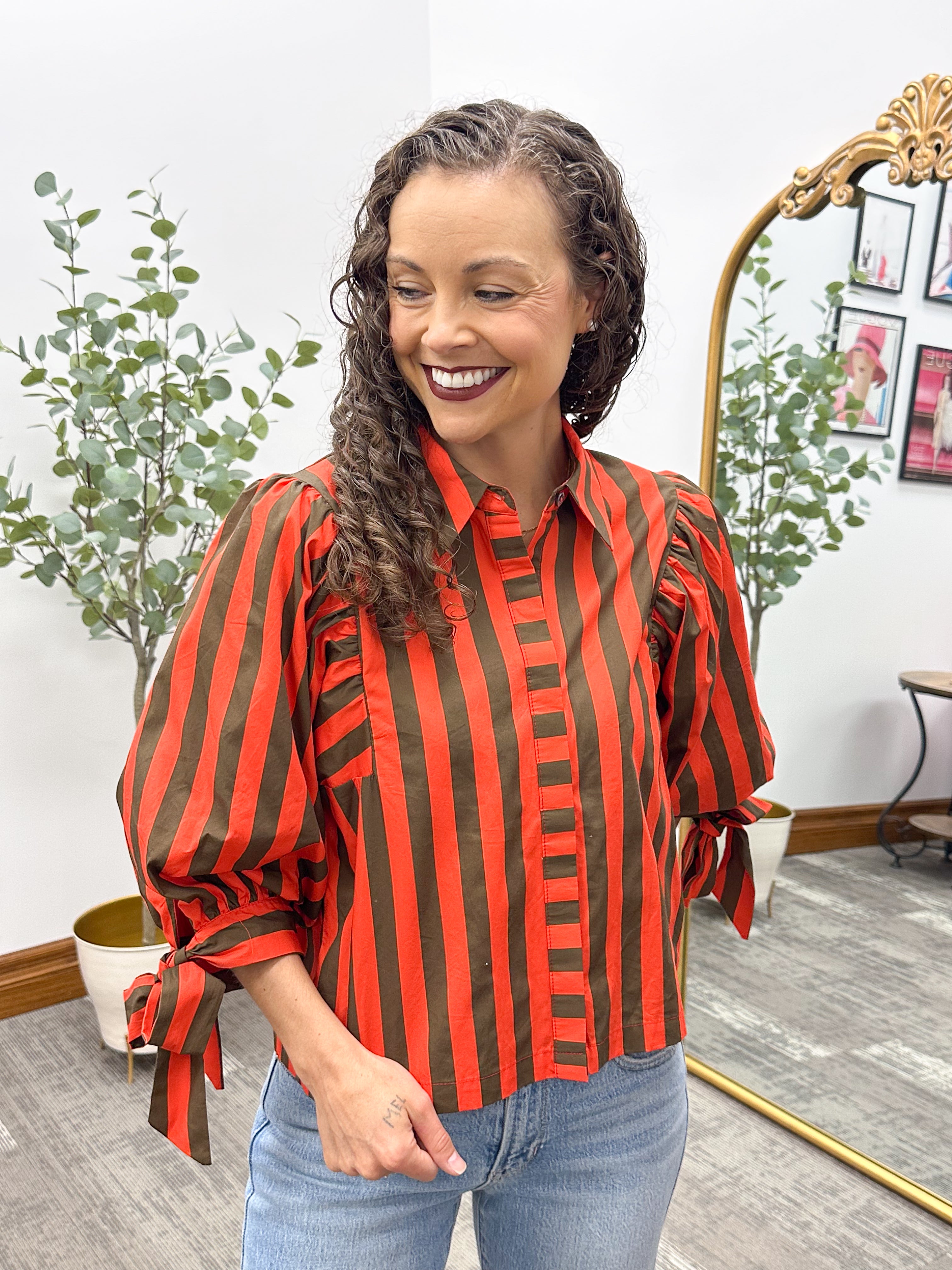 Tie Sleeve Striped Button Up Blouse