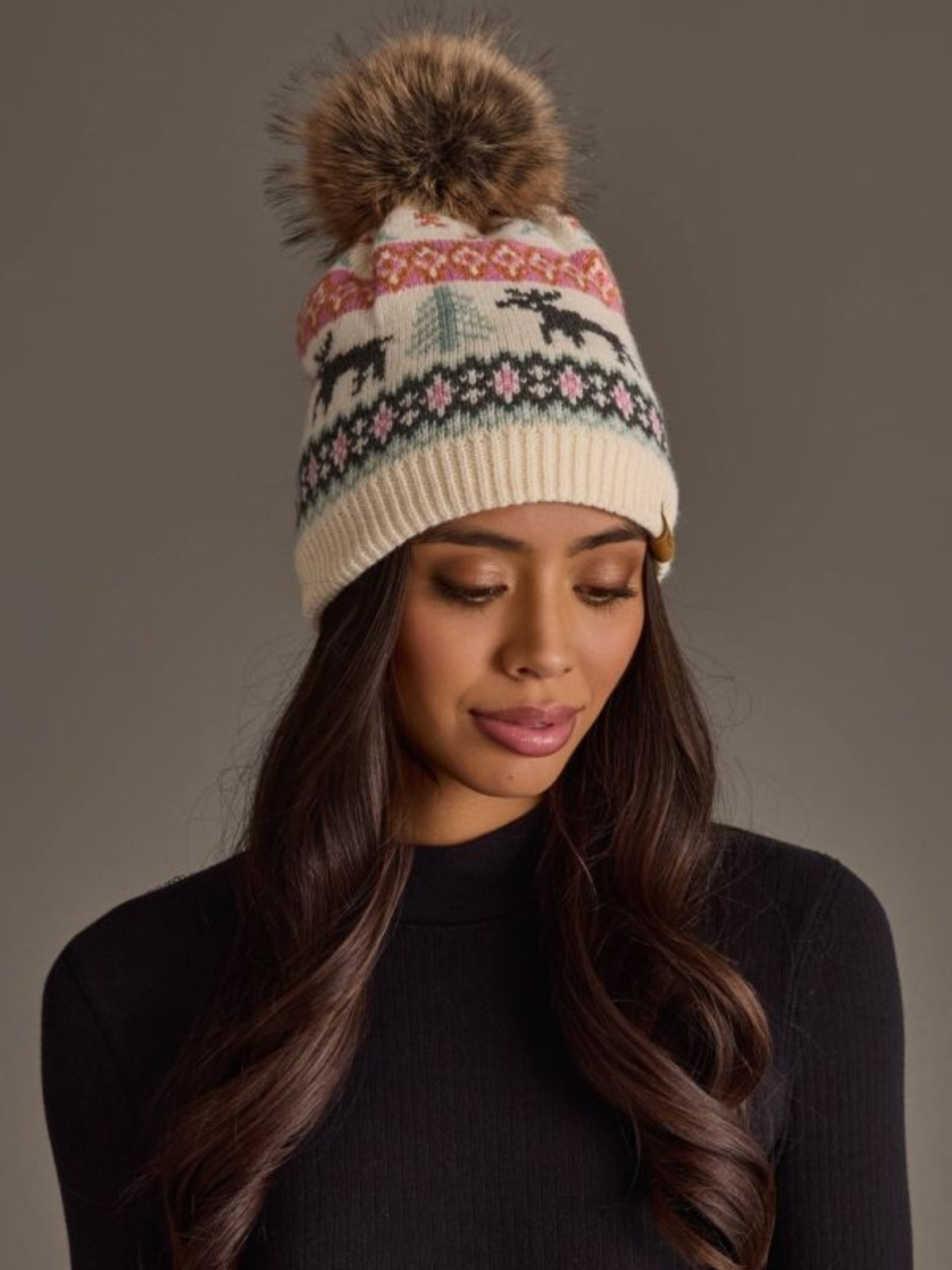 Ivory Deer Winter Pattern Pom Hat