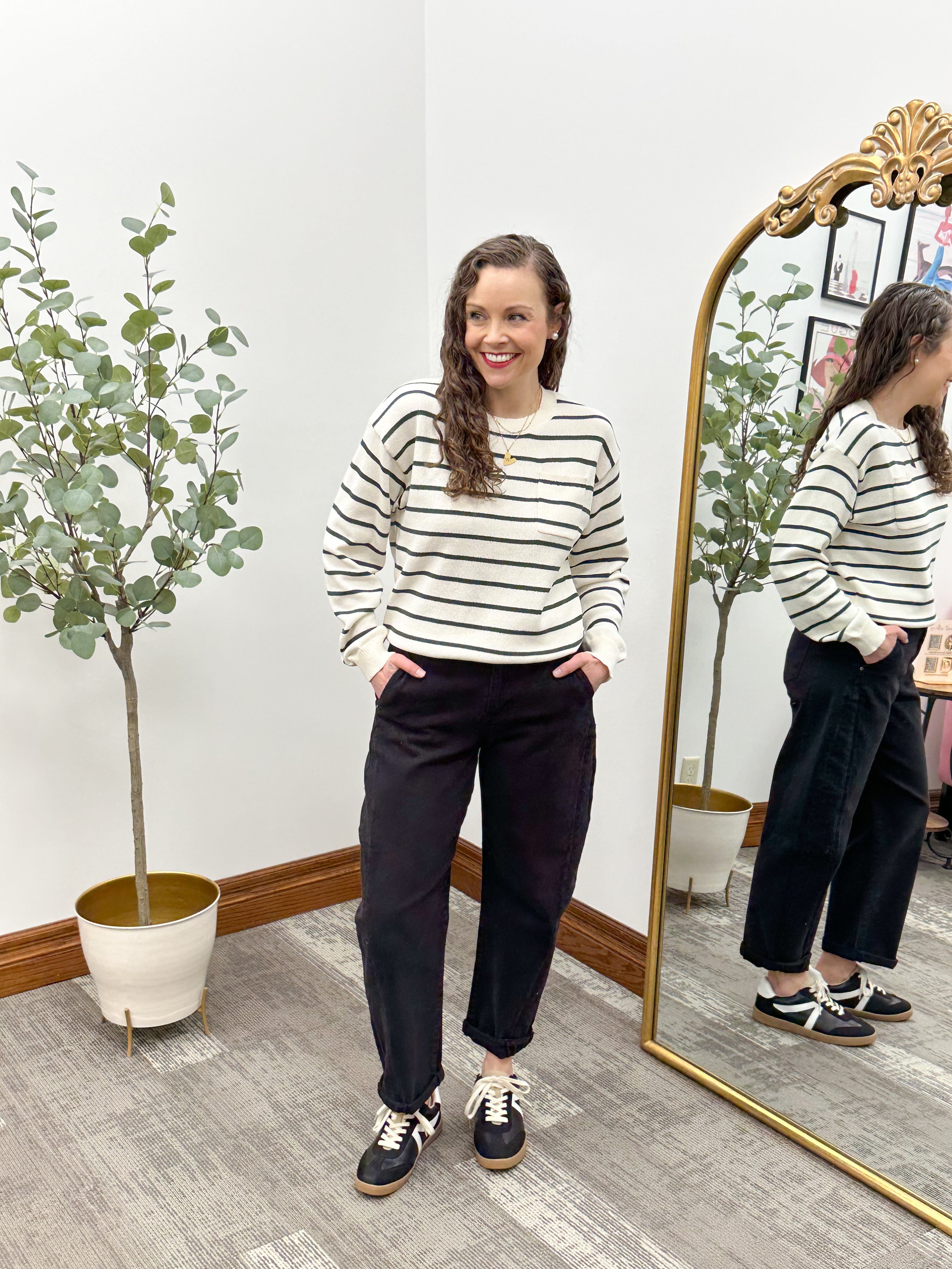 Cream & Green Striped Sweater