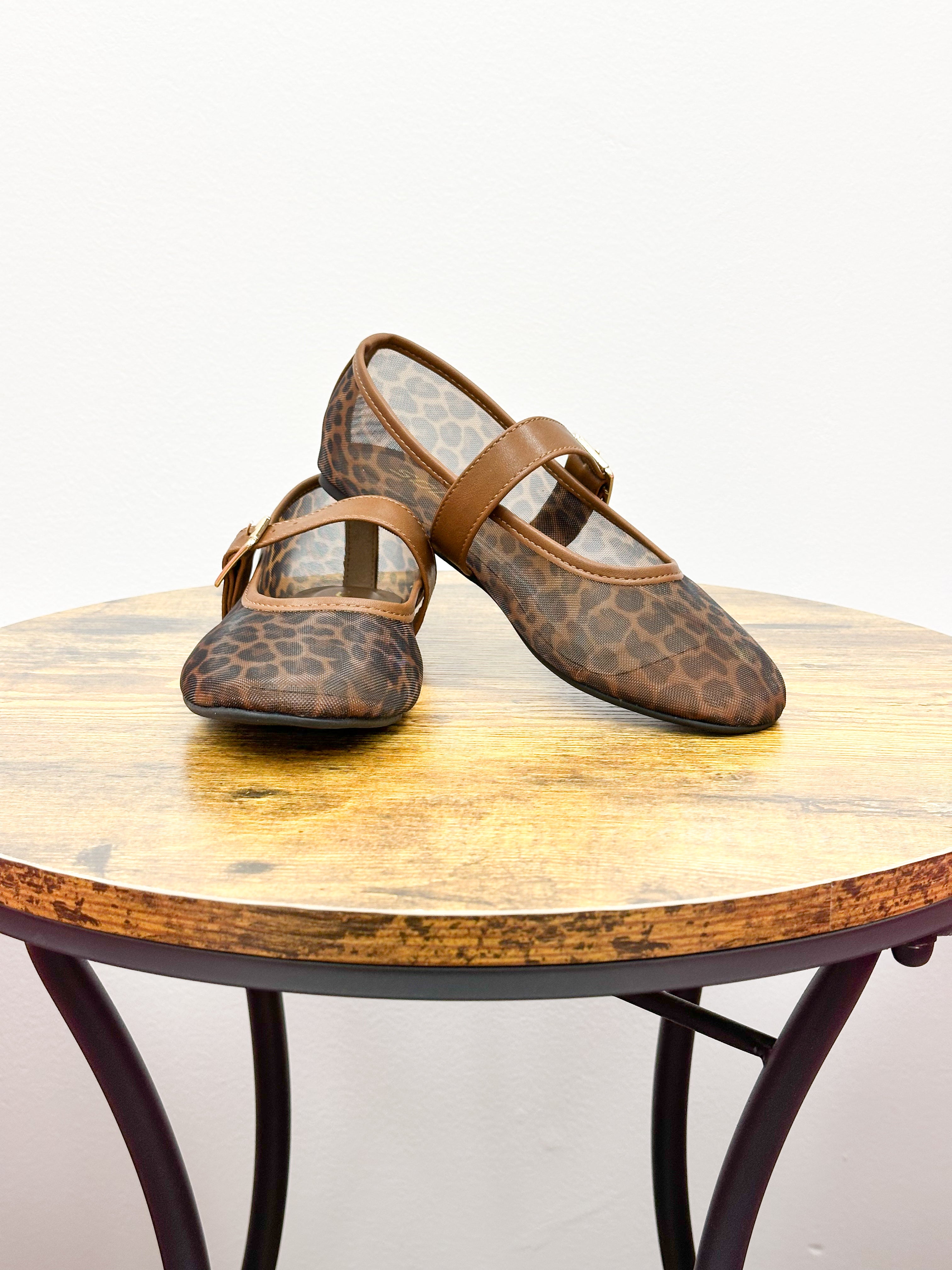 Leopard Print Mesh Mary Jane Flat Shoes