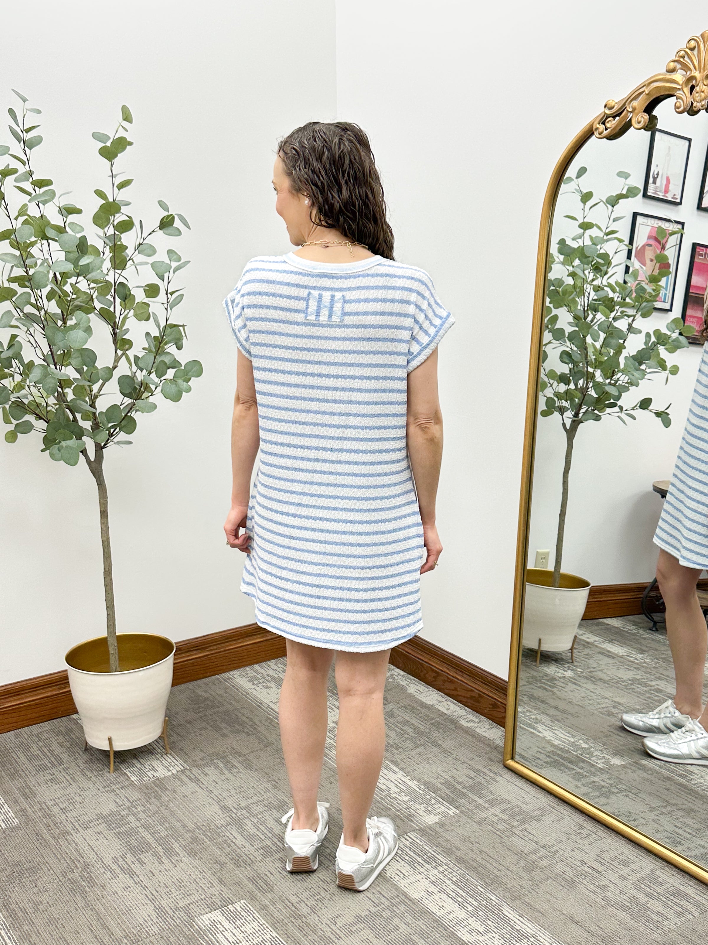 Textured Striped Short Sleeve T-Shirt Dress