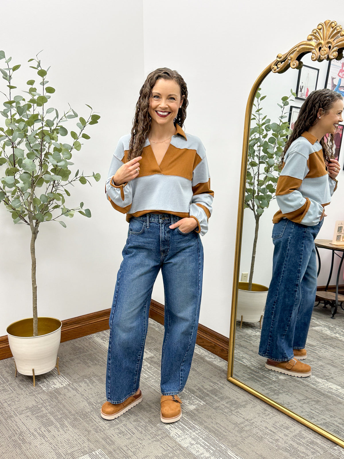 Tan & Blue Striped Collared Long Sleeve Top