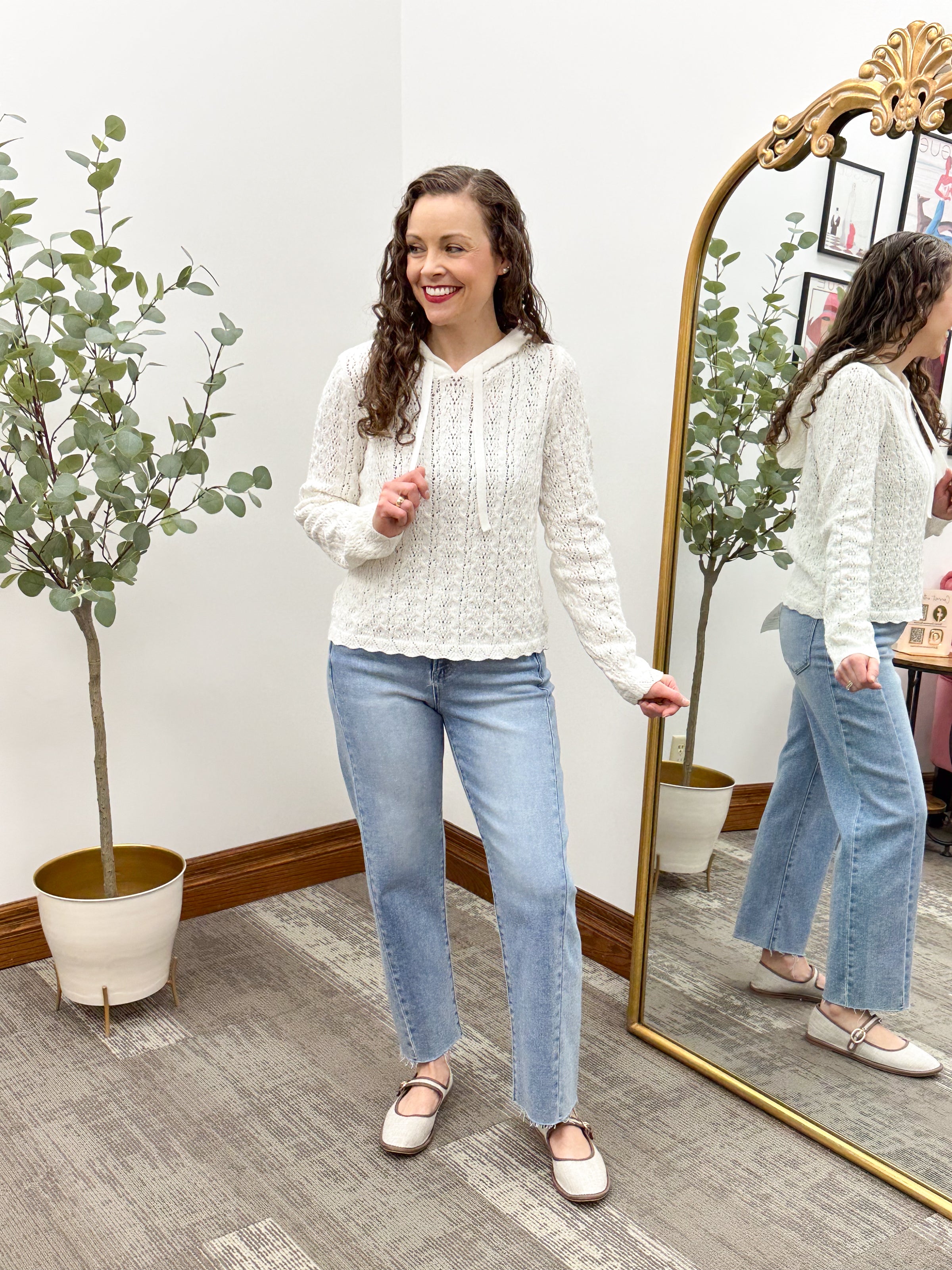 Ivory Eyelet Knit Hooded Pullover