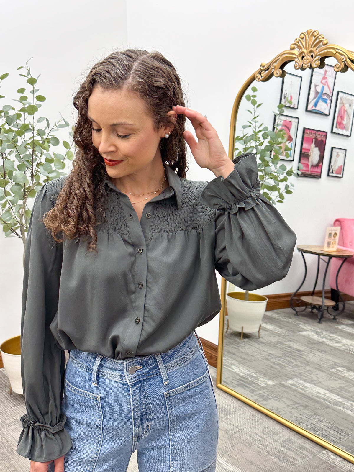 Smocked Button Up Tencel Top