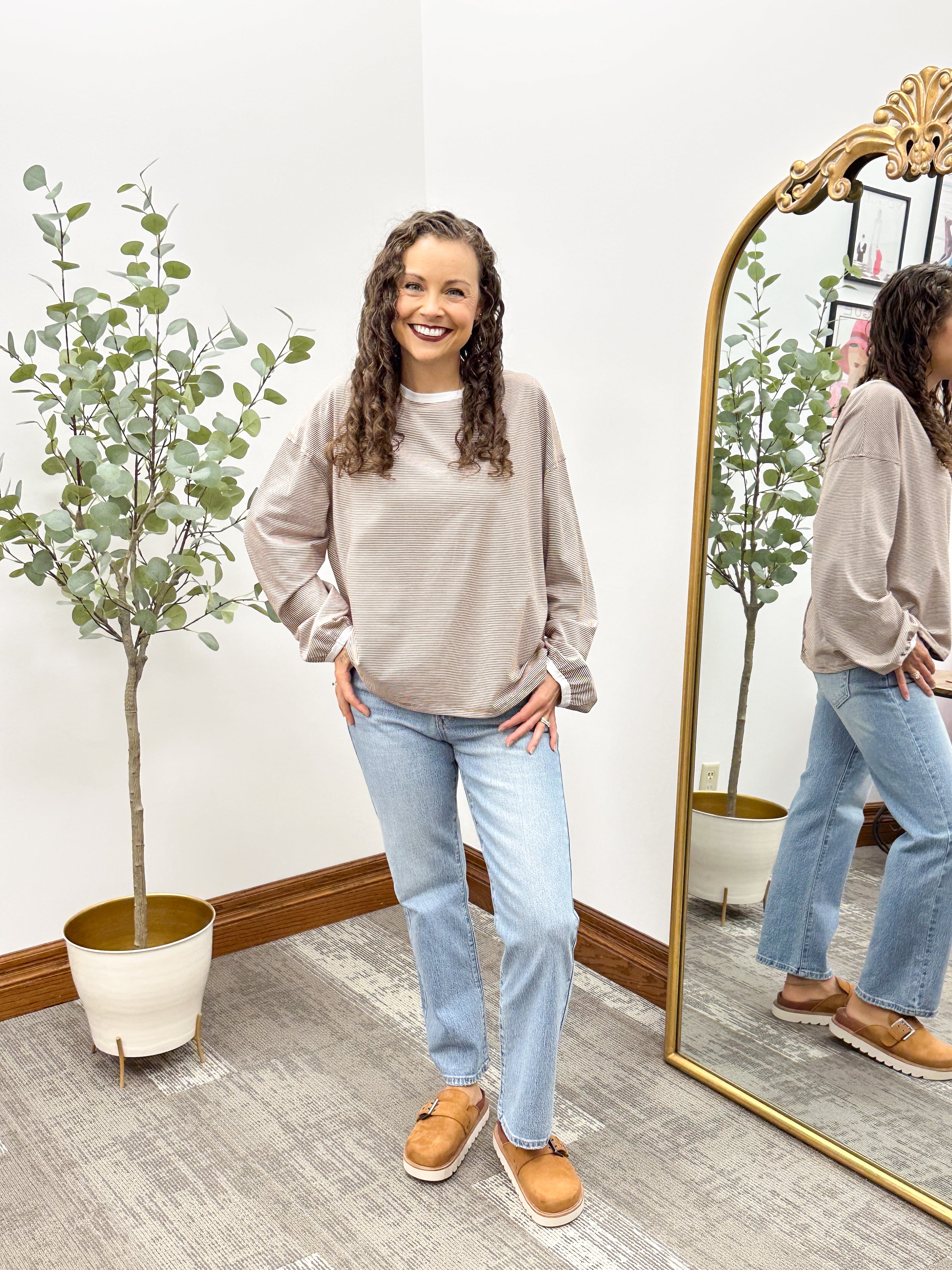 Striped Contrast Trim Long Sleeve Top