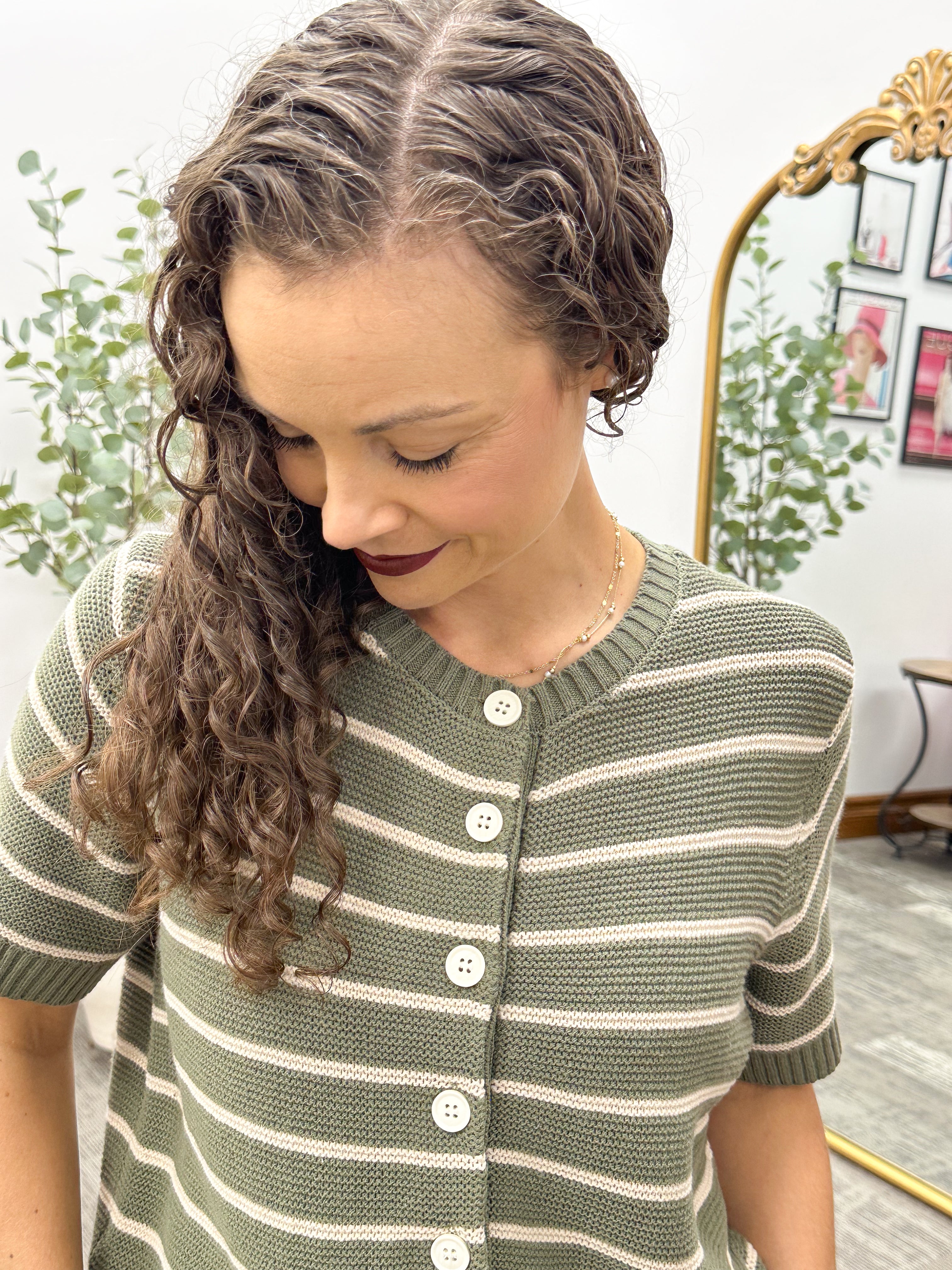 Olive & Beige Striped Short Sleeve Cardigan