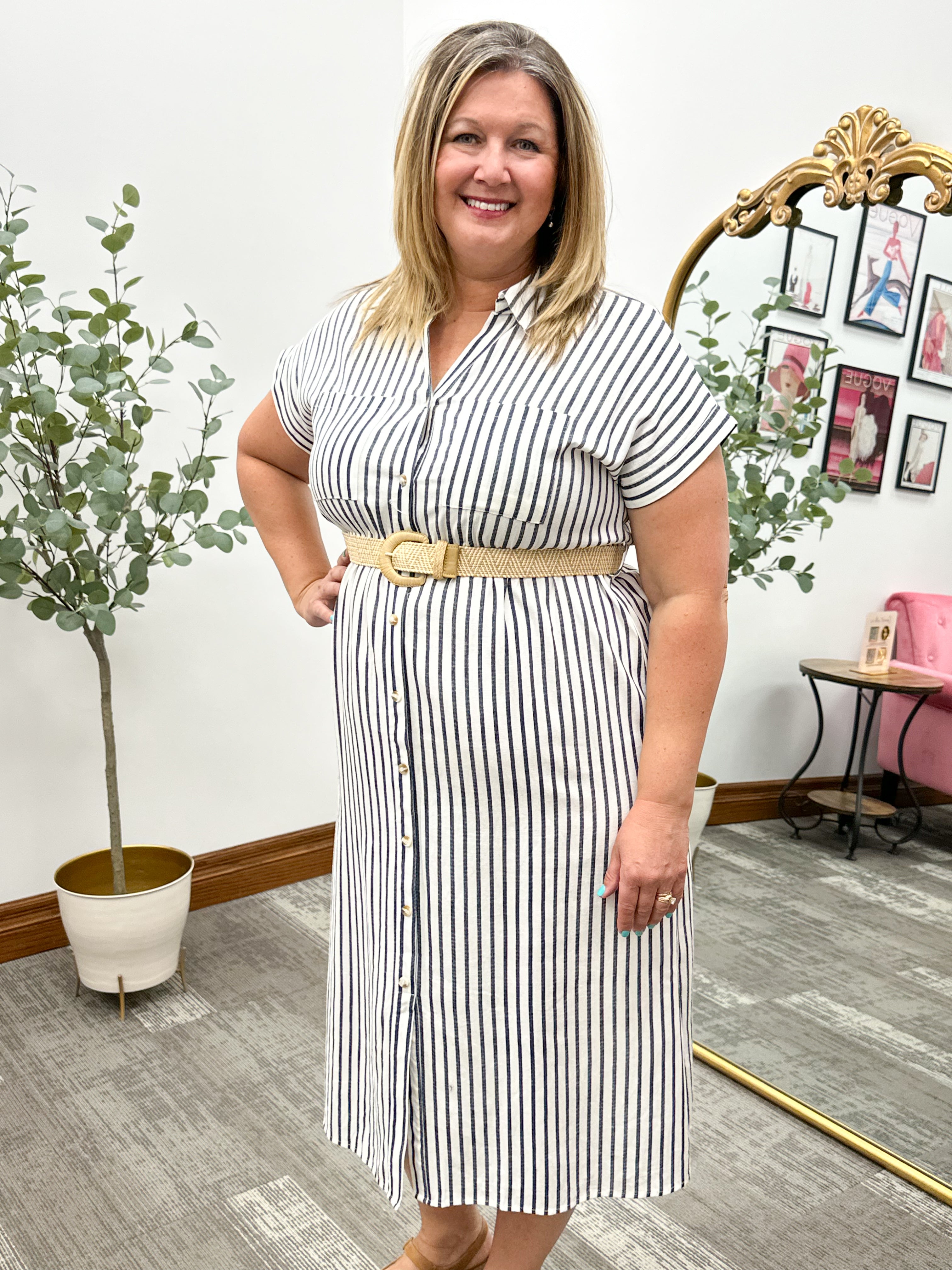 Navy Striped Shirt Dress with Belt