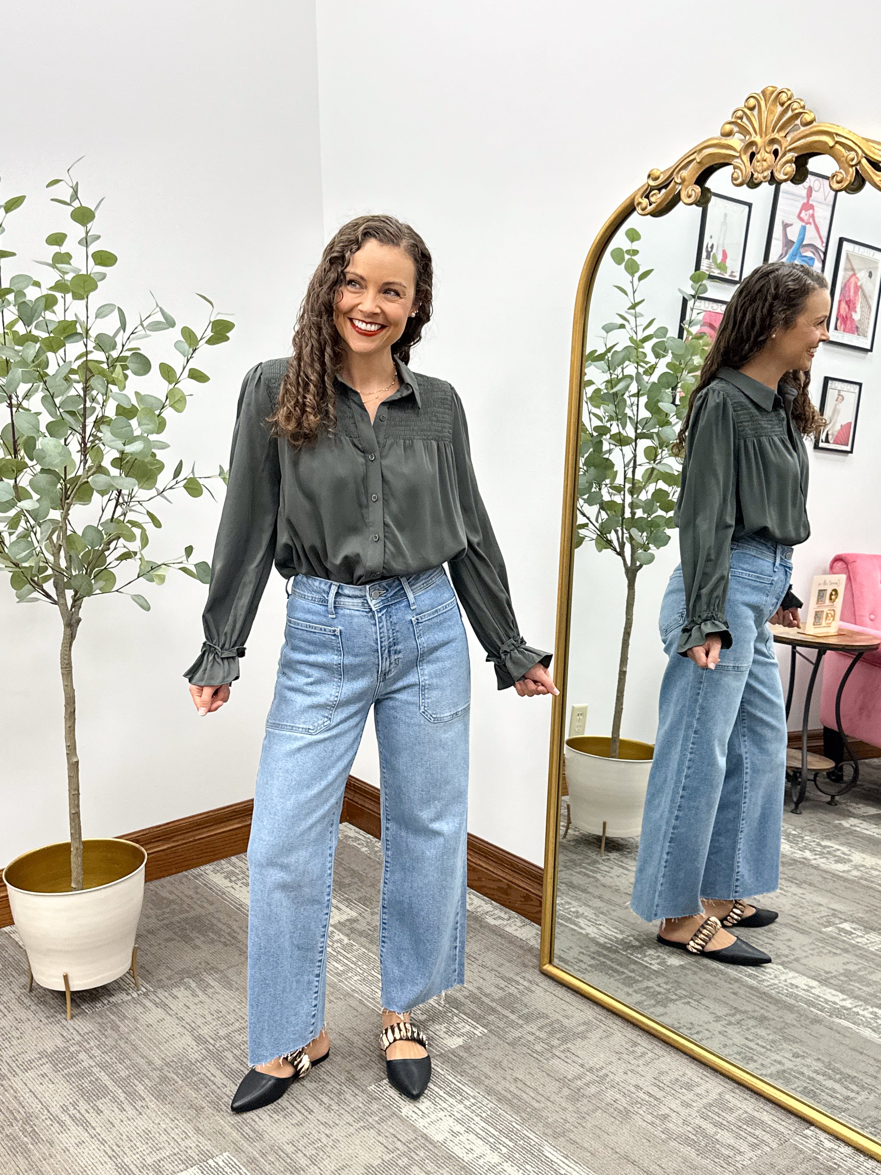 Smocked Button Up Tencel Top