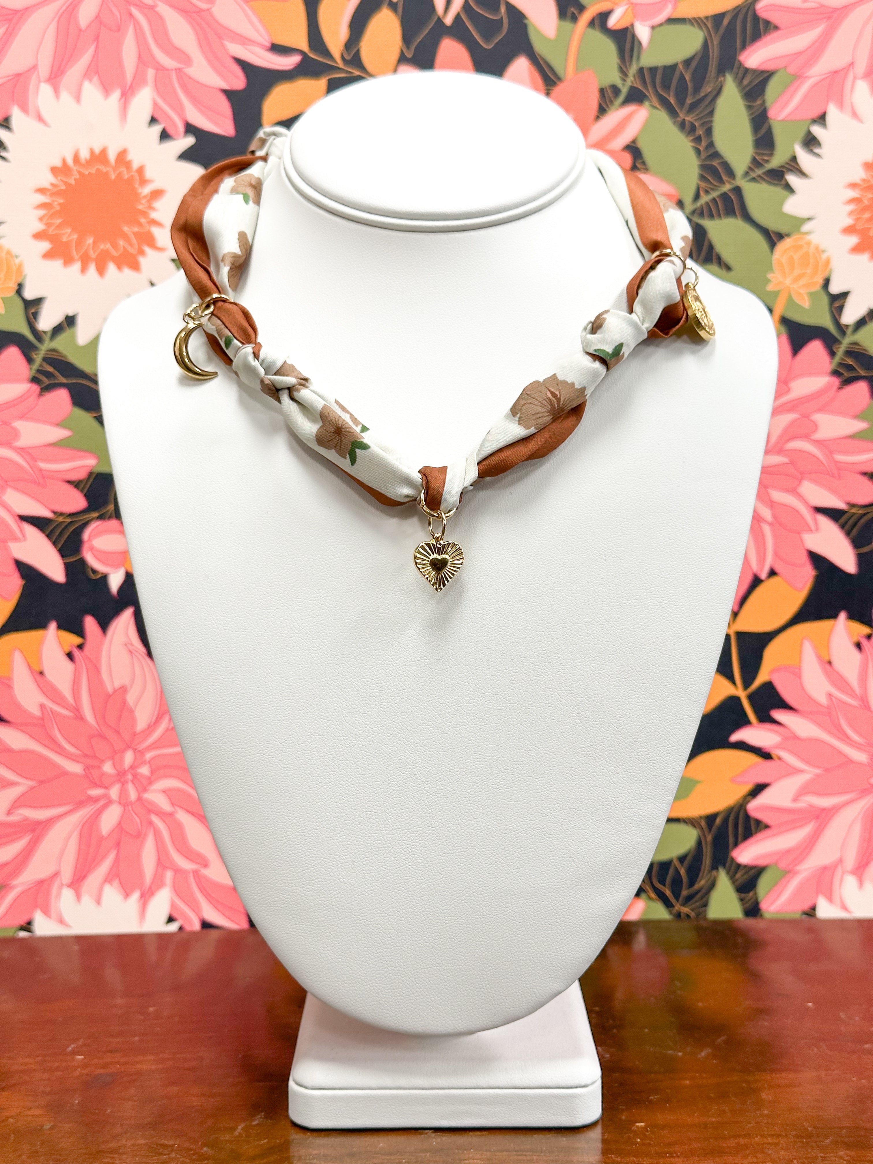 Brown Floral Charm Scarf Necklace