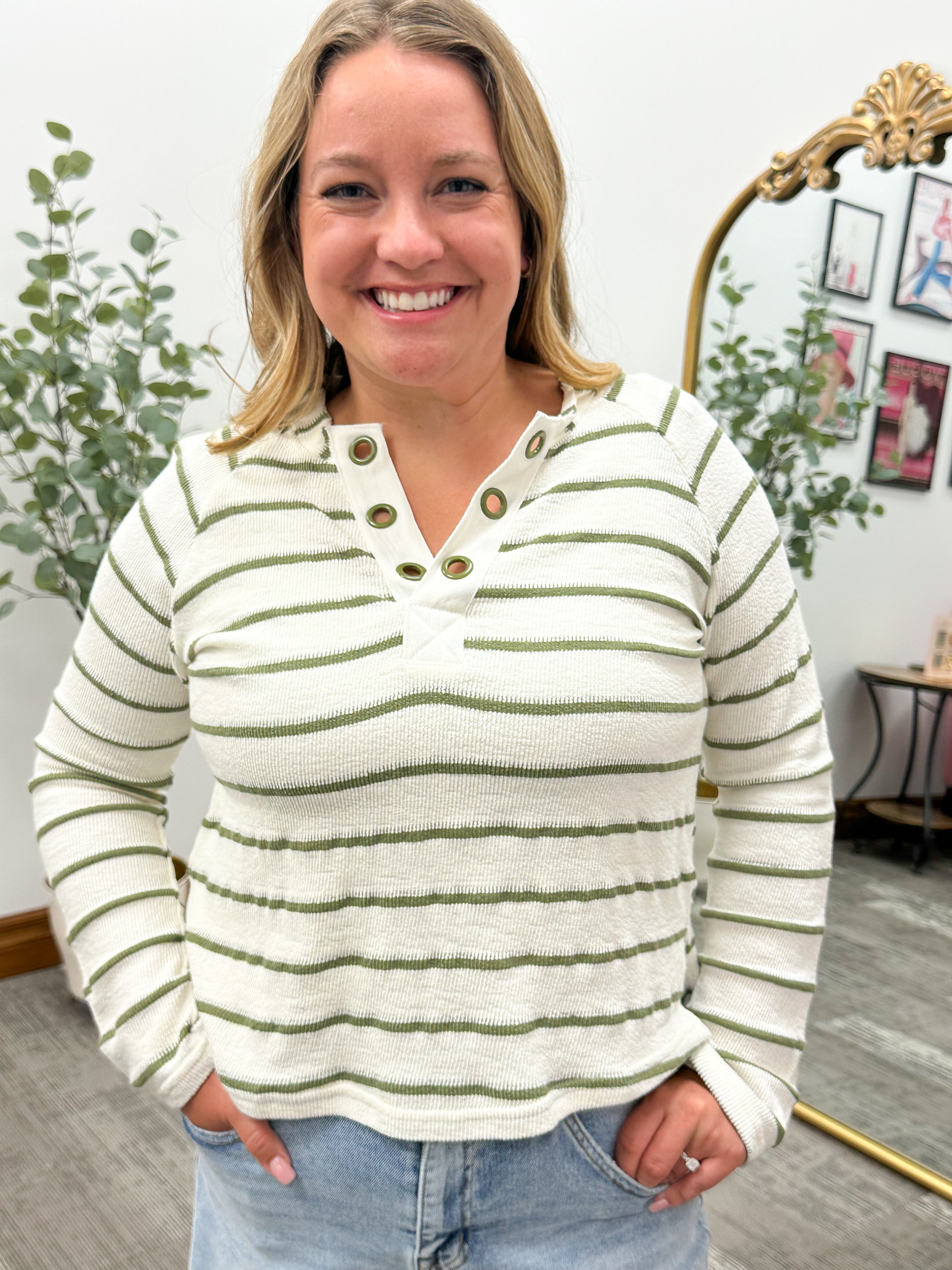 Olive Striped Grommet Long Sleeve Top