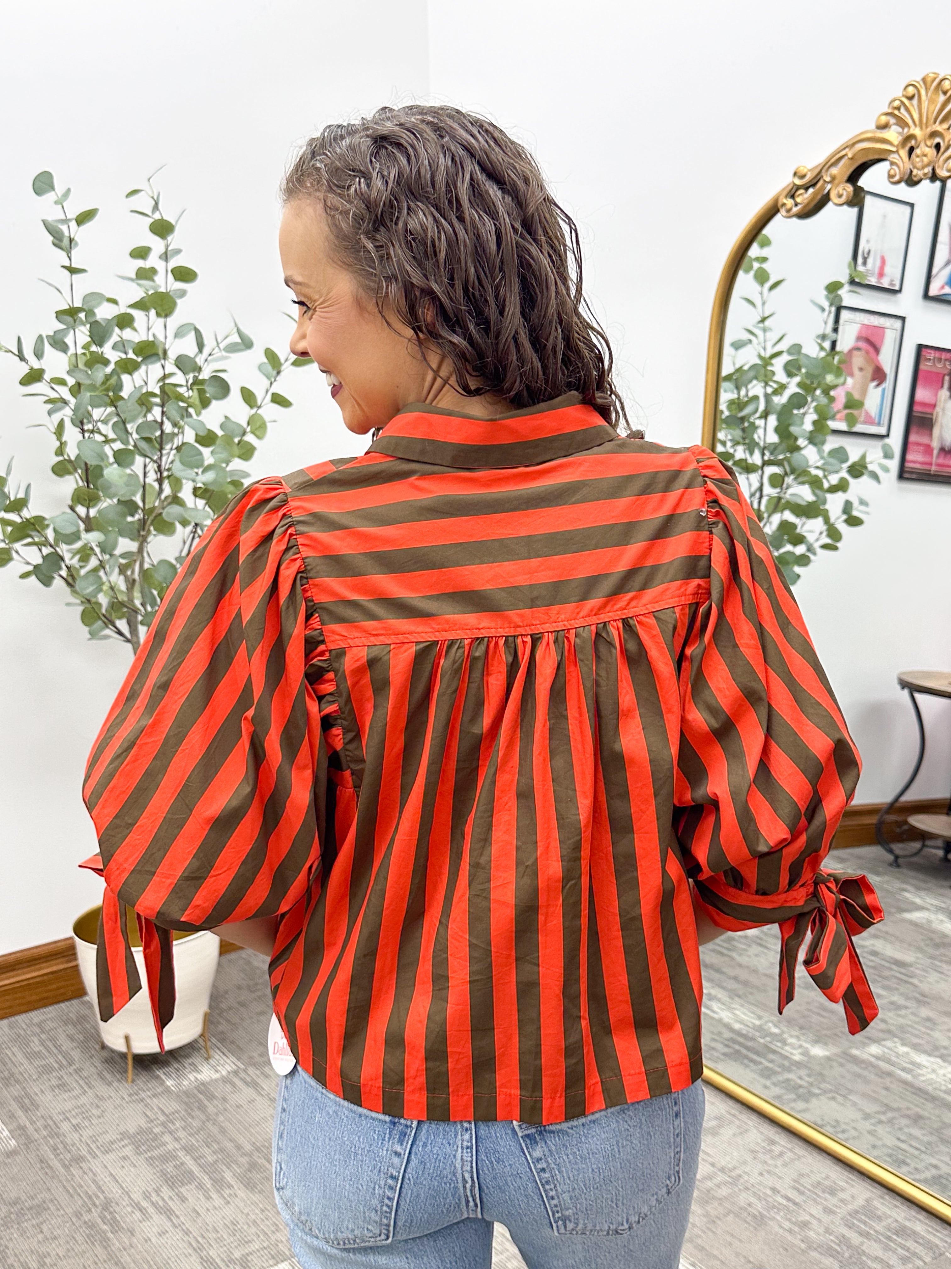 Tie Sleeve Striped Button Up Blouse