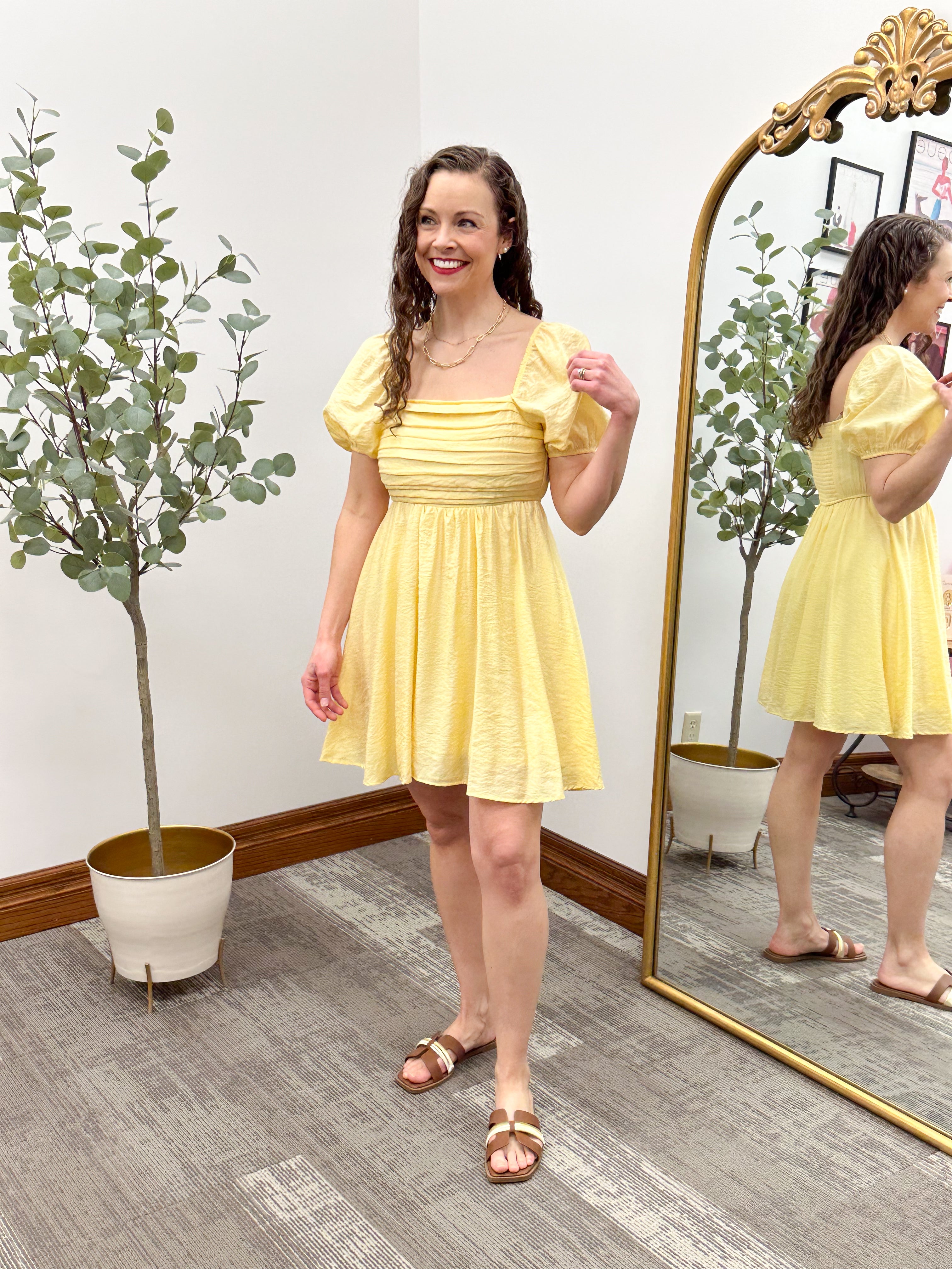 Pleated Puff Sleeve Mini Dress