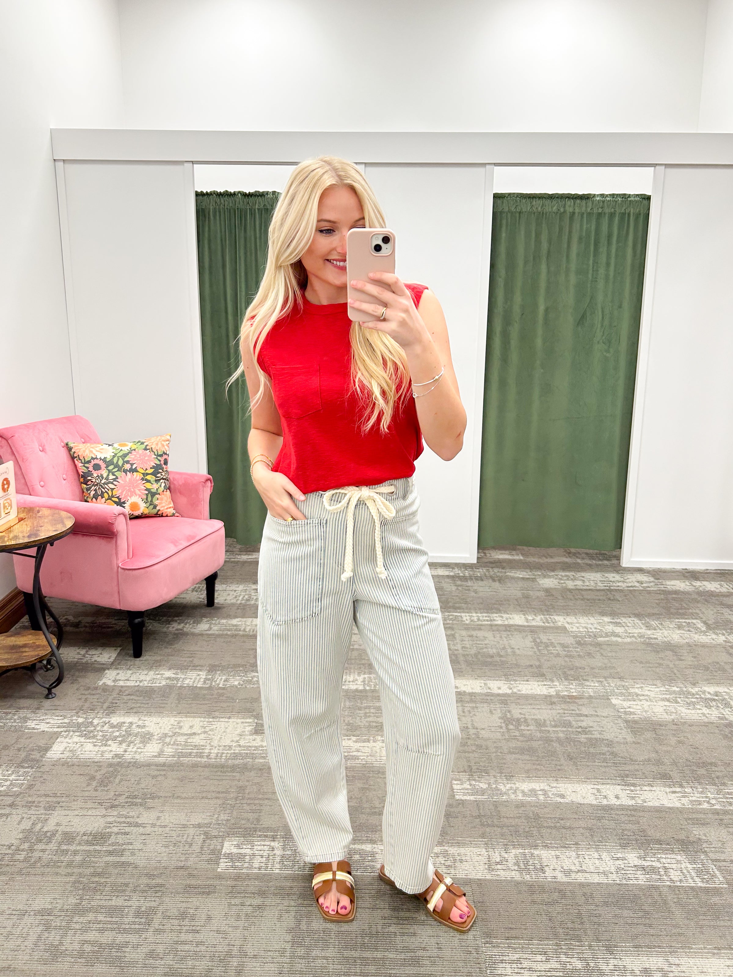 Blue & Cream Striped Barrel Jeans