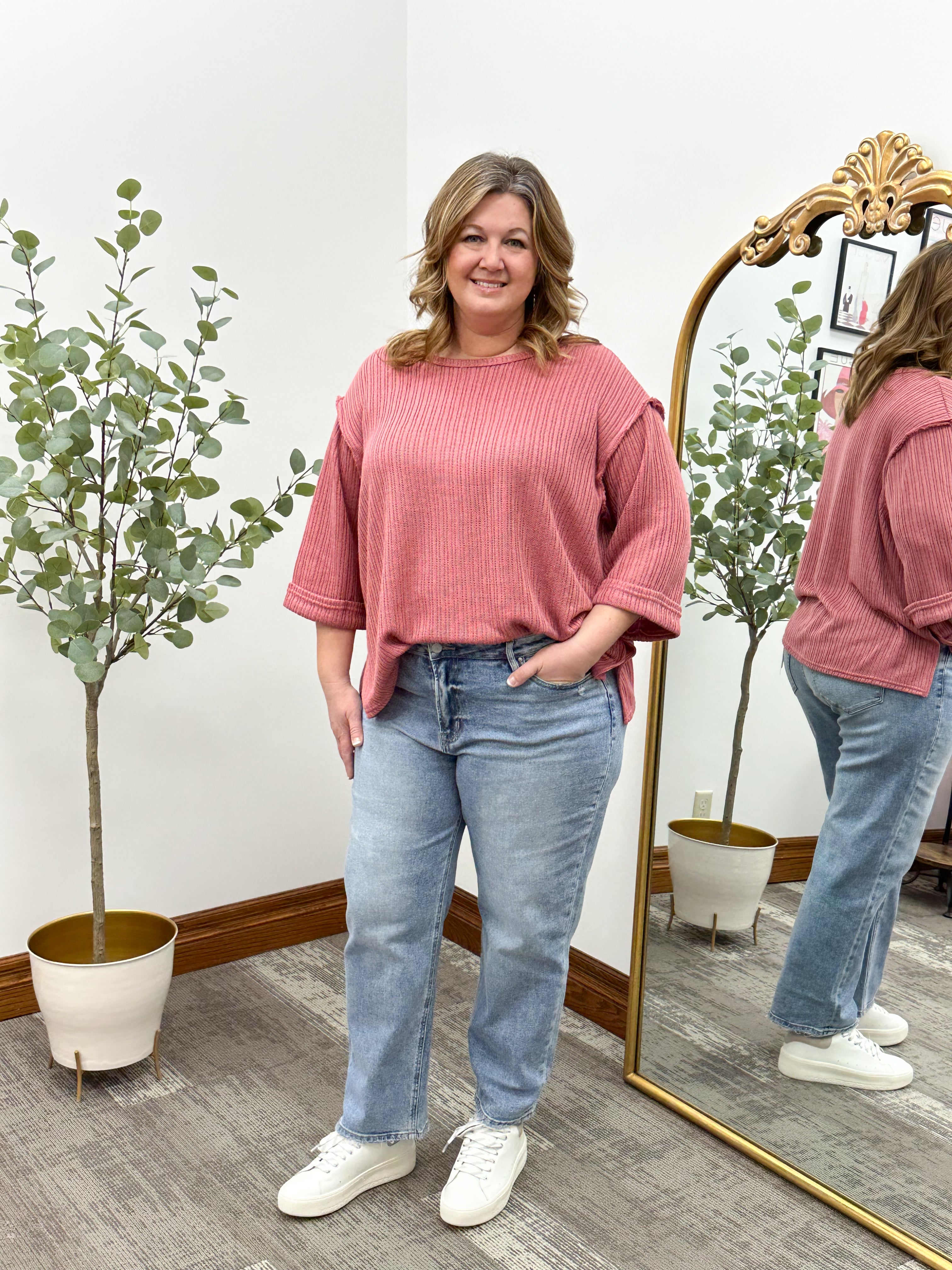 Oversized 3/4 Sleeve Mauve Knit Top