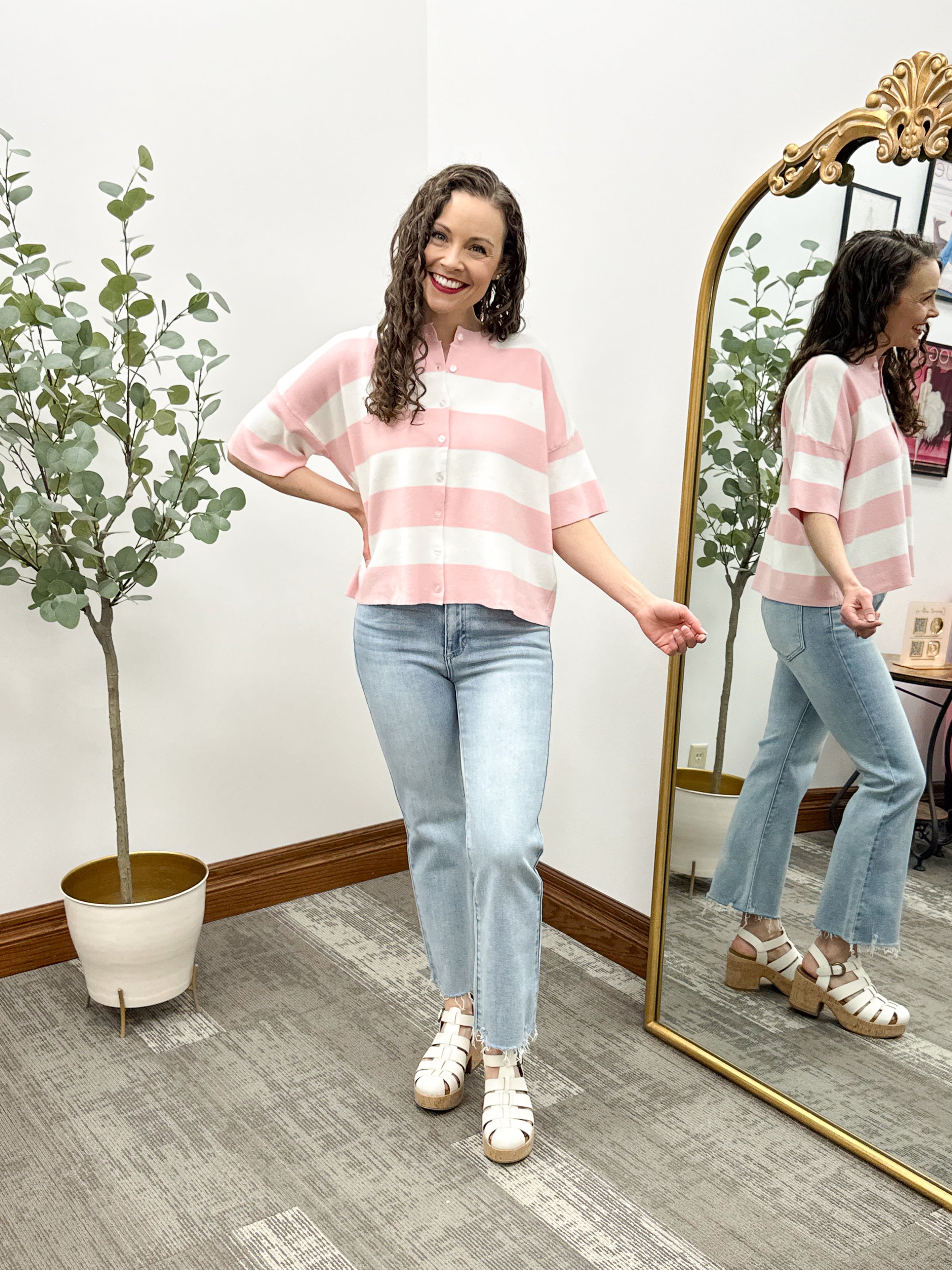 Pink Striped Short Sleeve Knit Cardigan