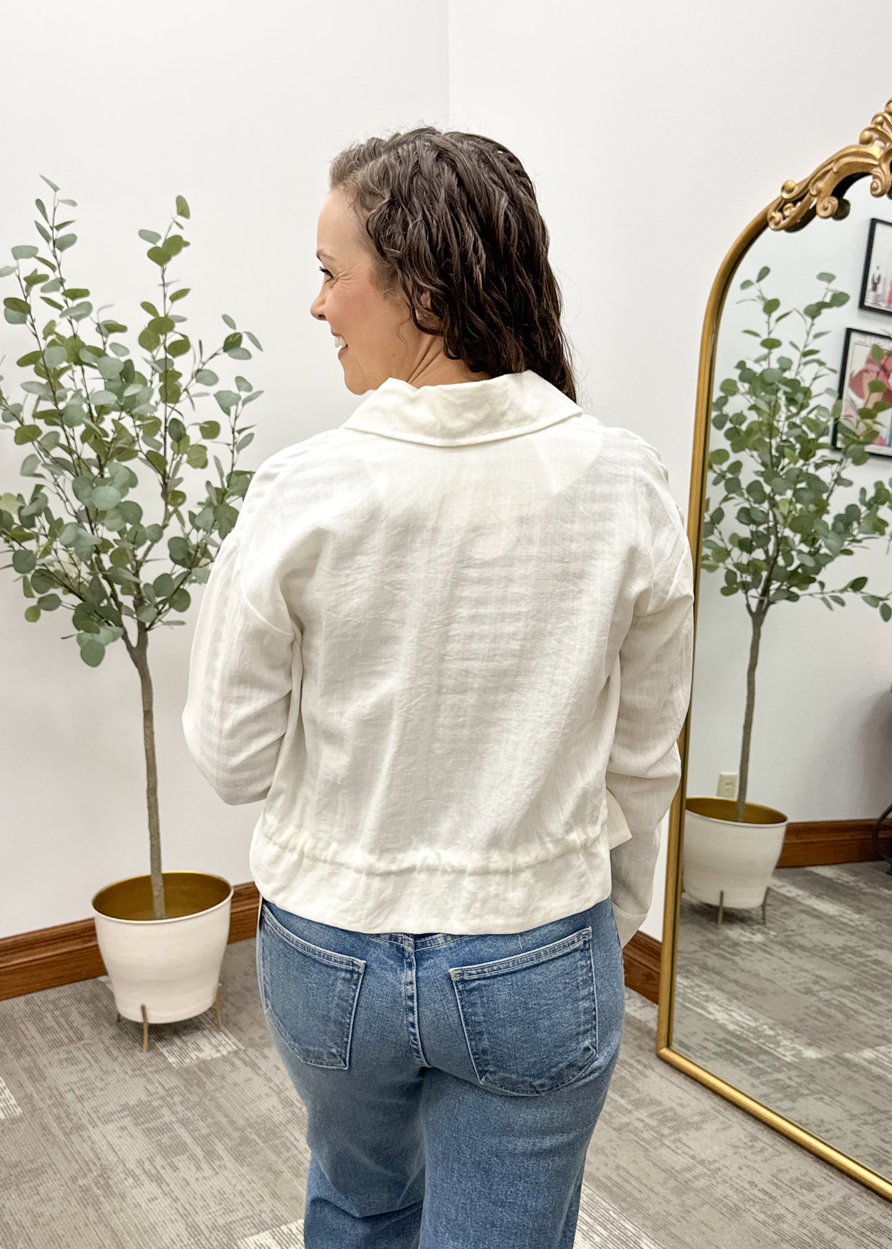 Cream Drawstring Waist Lightweight Jacket