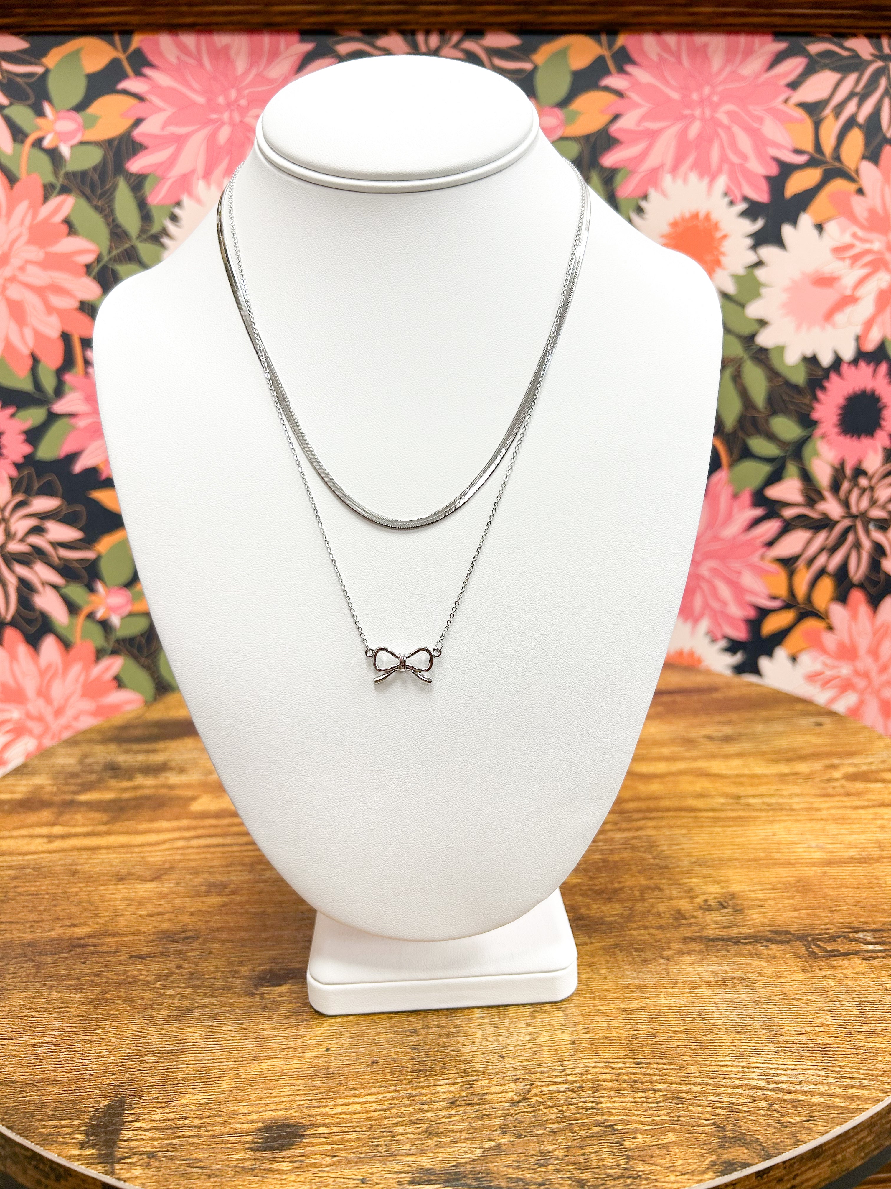 Silver Layered Ribbon Bow Pendant Necklace