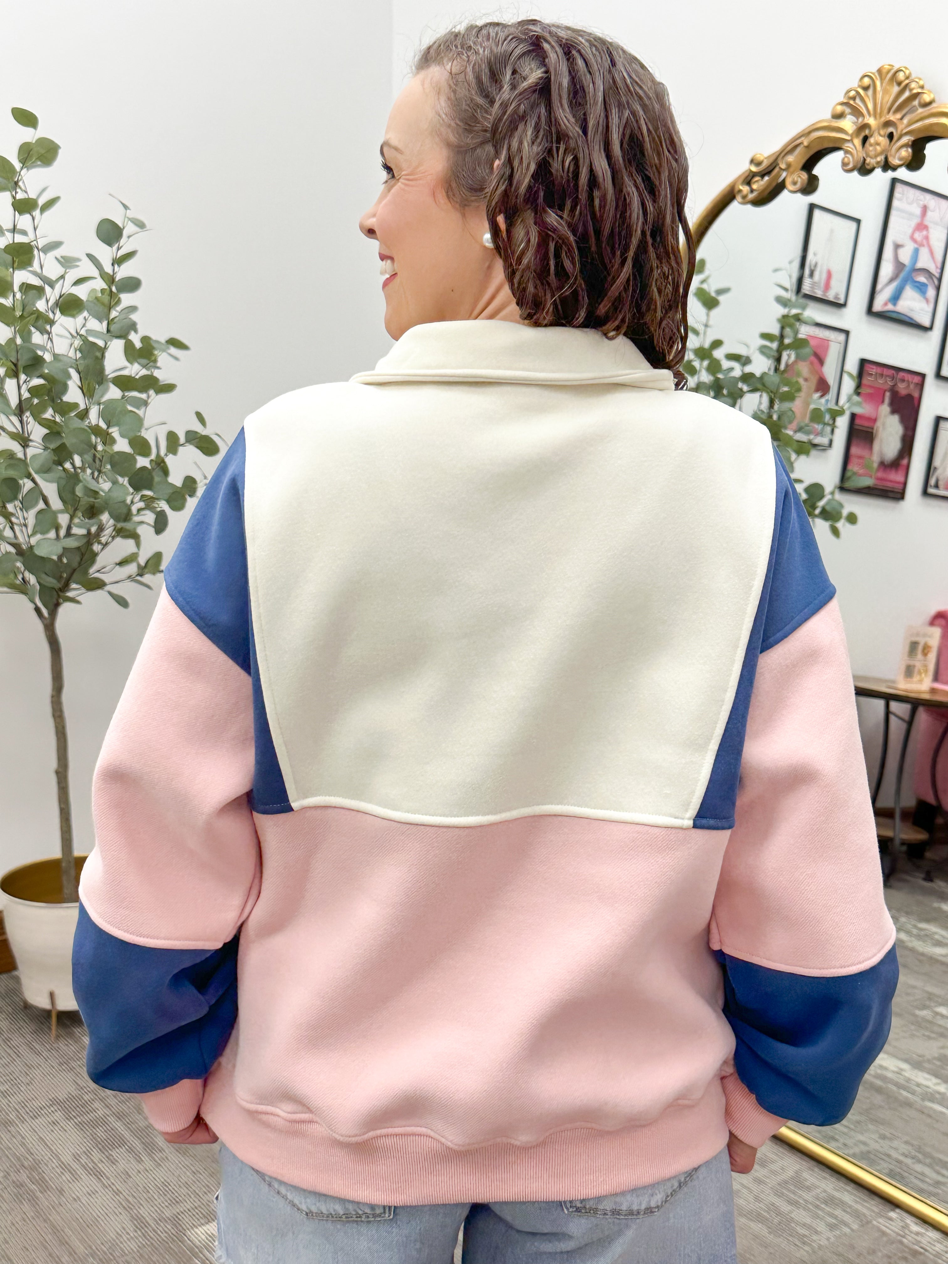 Pink Colorblock 1/4 Button Pullover