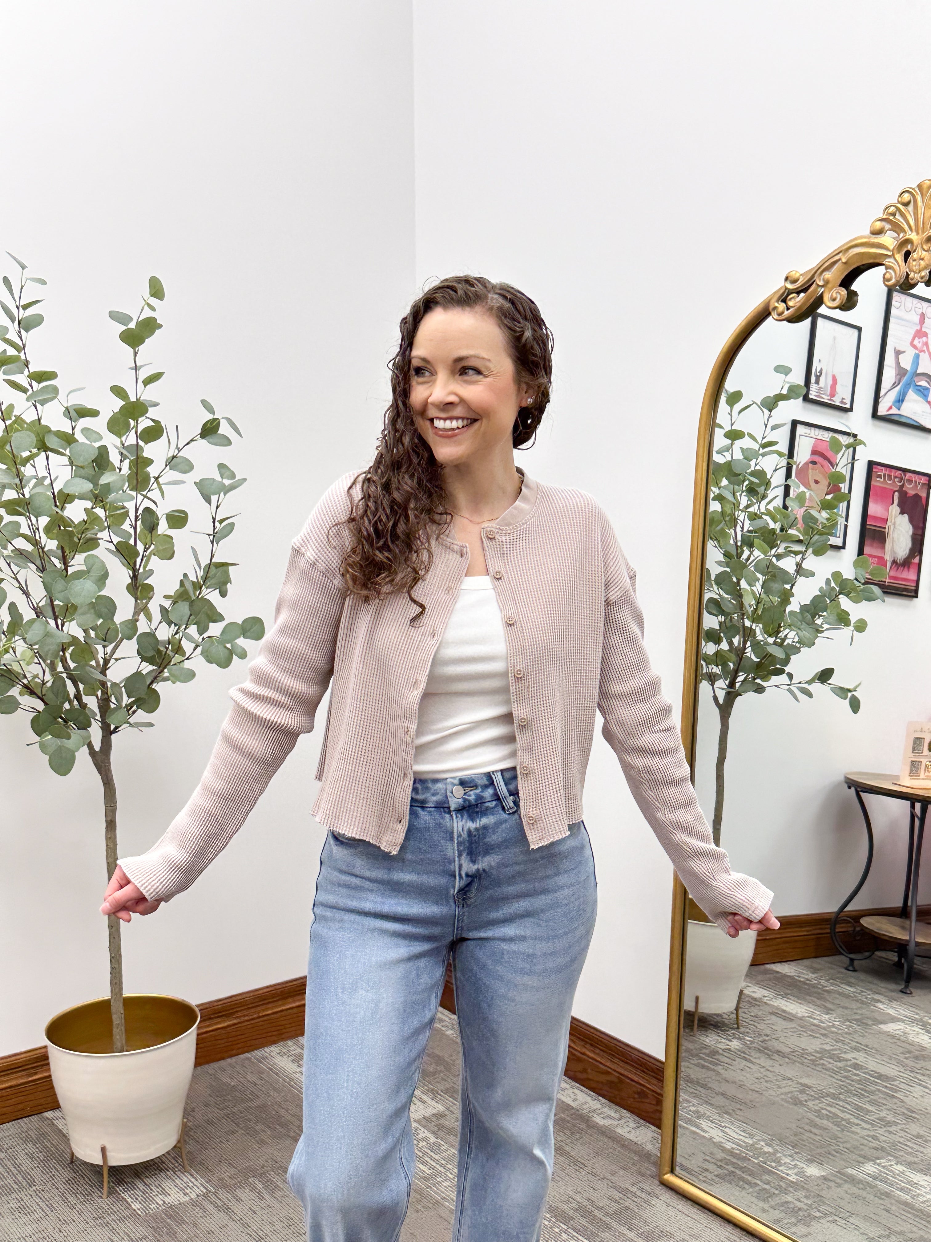 Cropped Waffle Knit Button Up Top