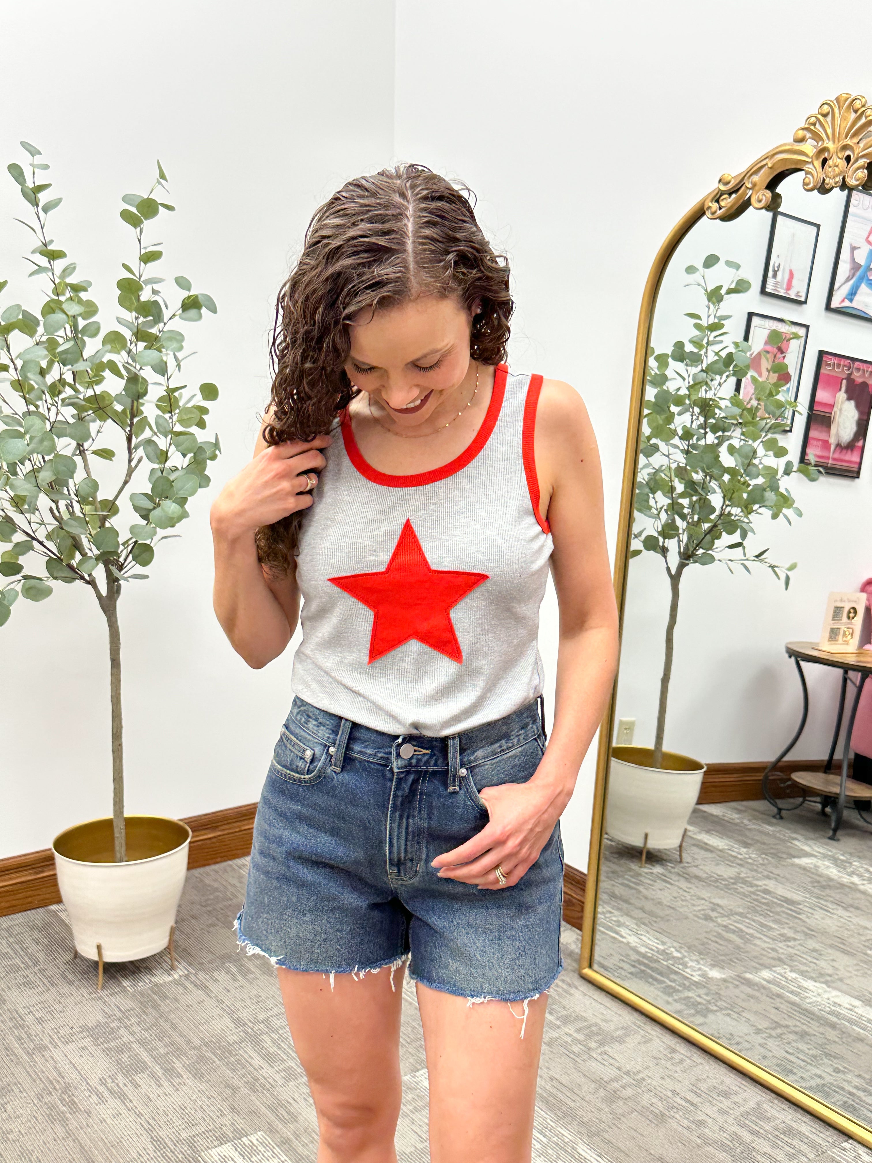 Red Star patch gray tank top, 4th of July tank top, cute casual tank top 