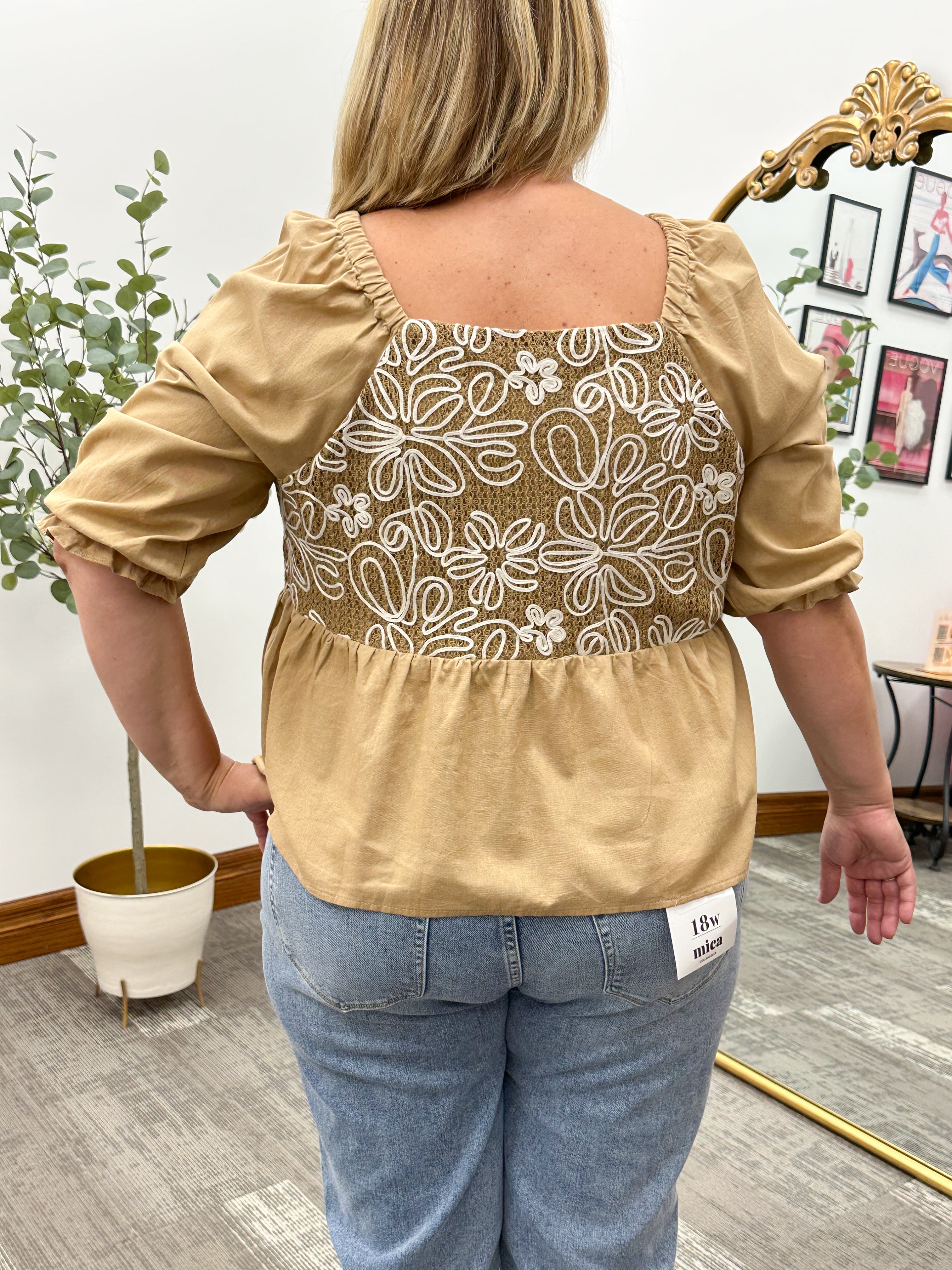 Floral Embroidered Mixed Media Peplum Top