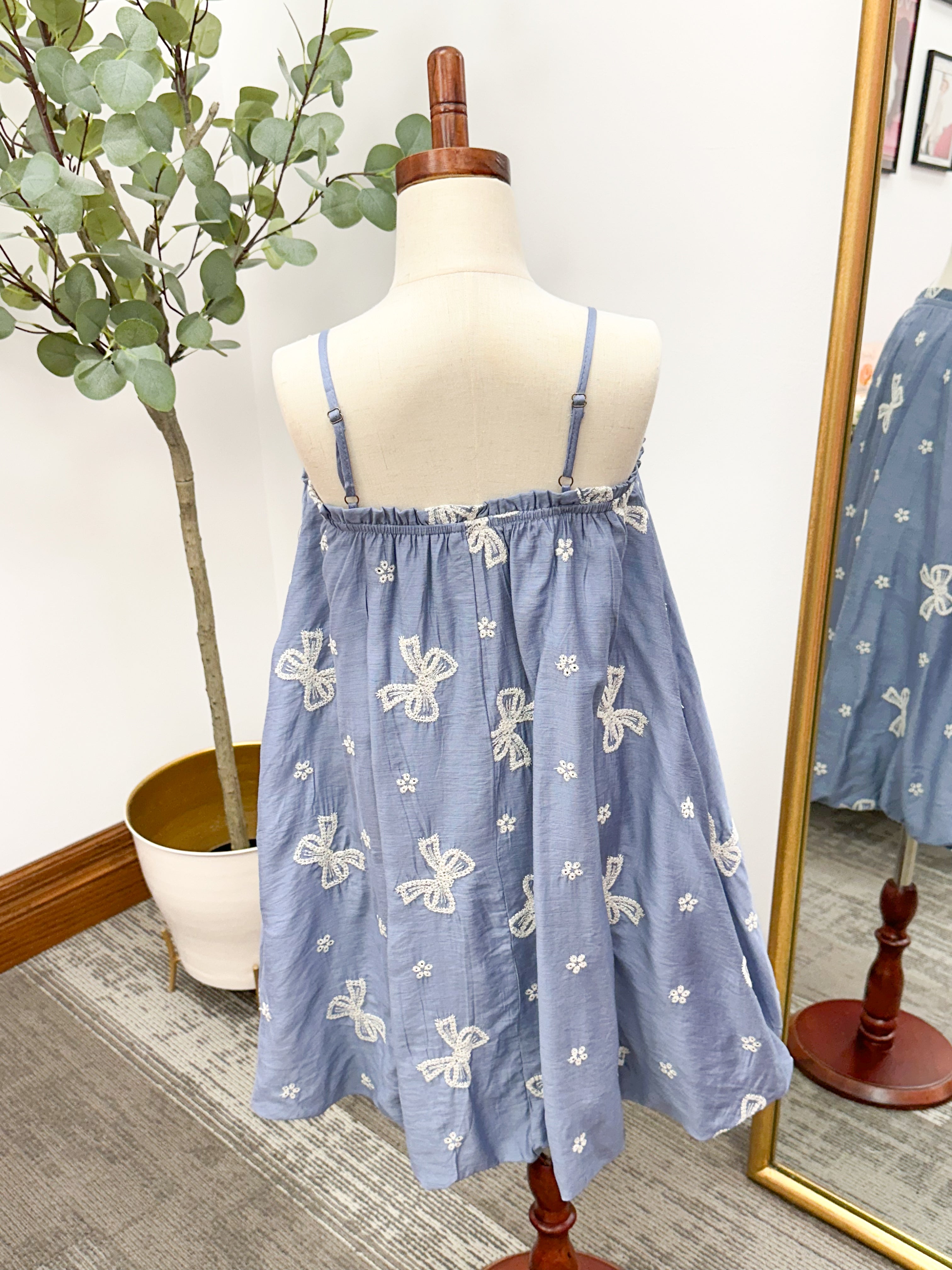 Girls Blue Bow Embroidered Dress
