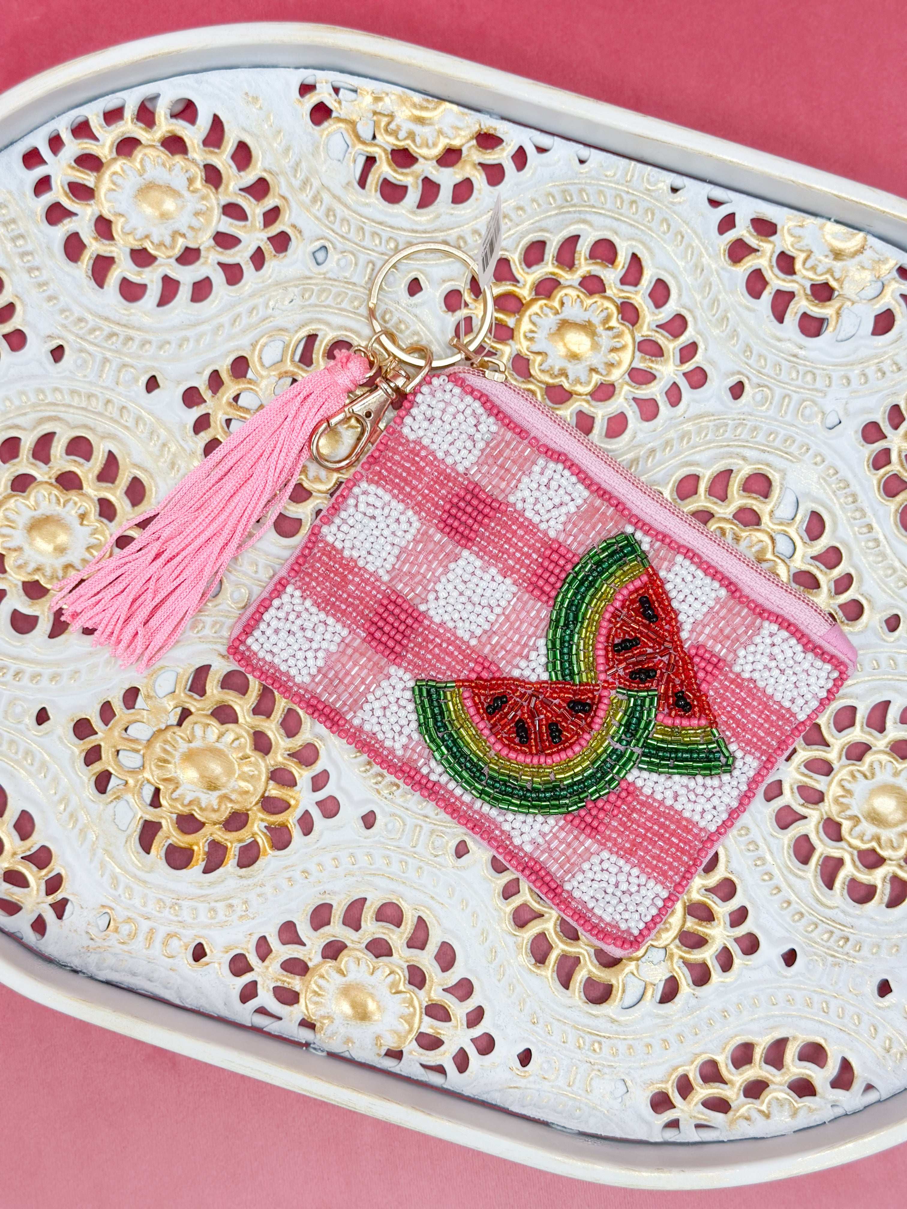 Beaded watermelon coin purse with checkered background