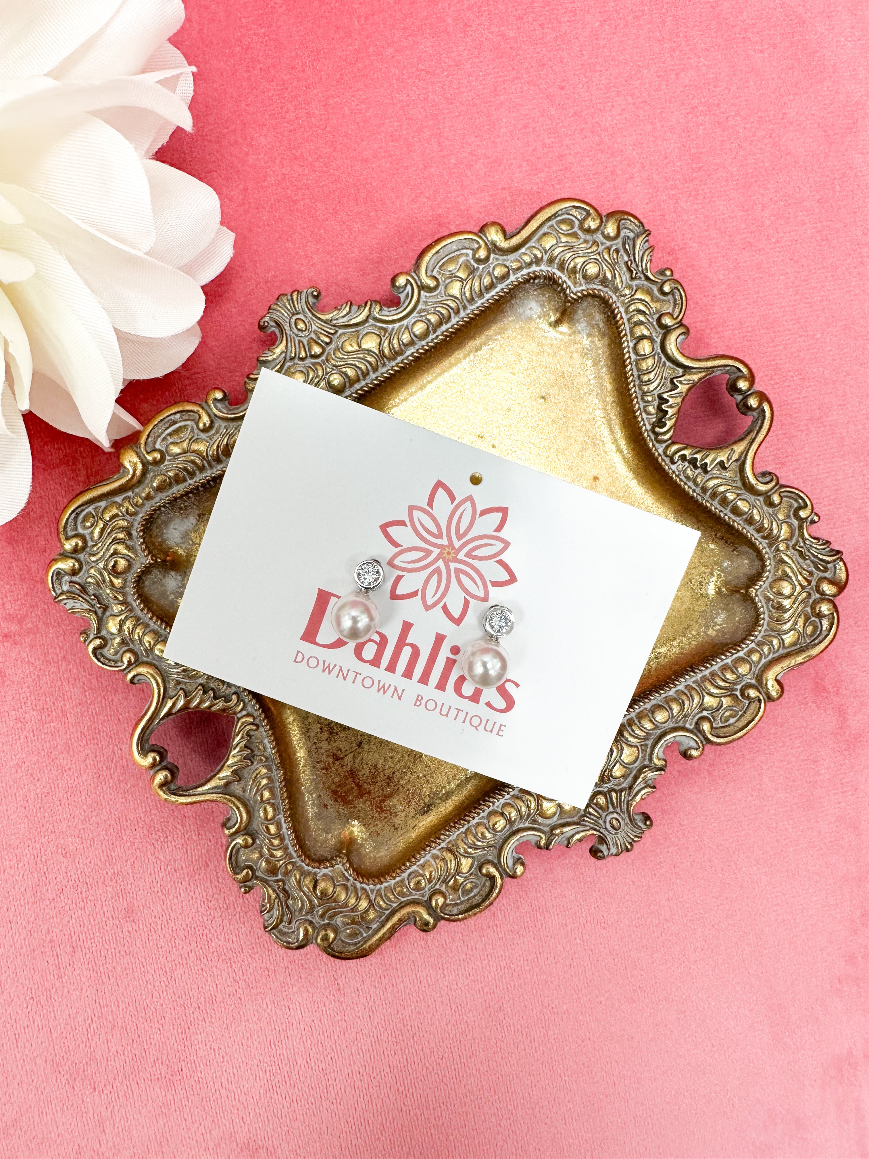 White Gold CZ Stud Earring With Drop Pearl