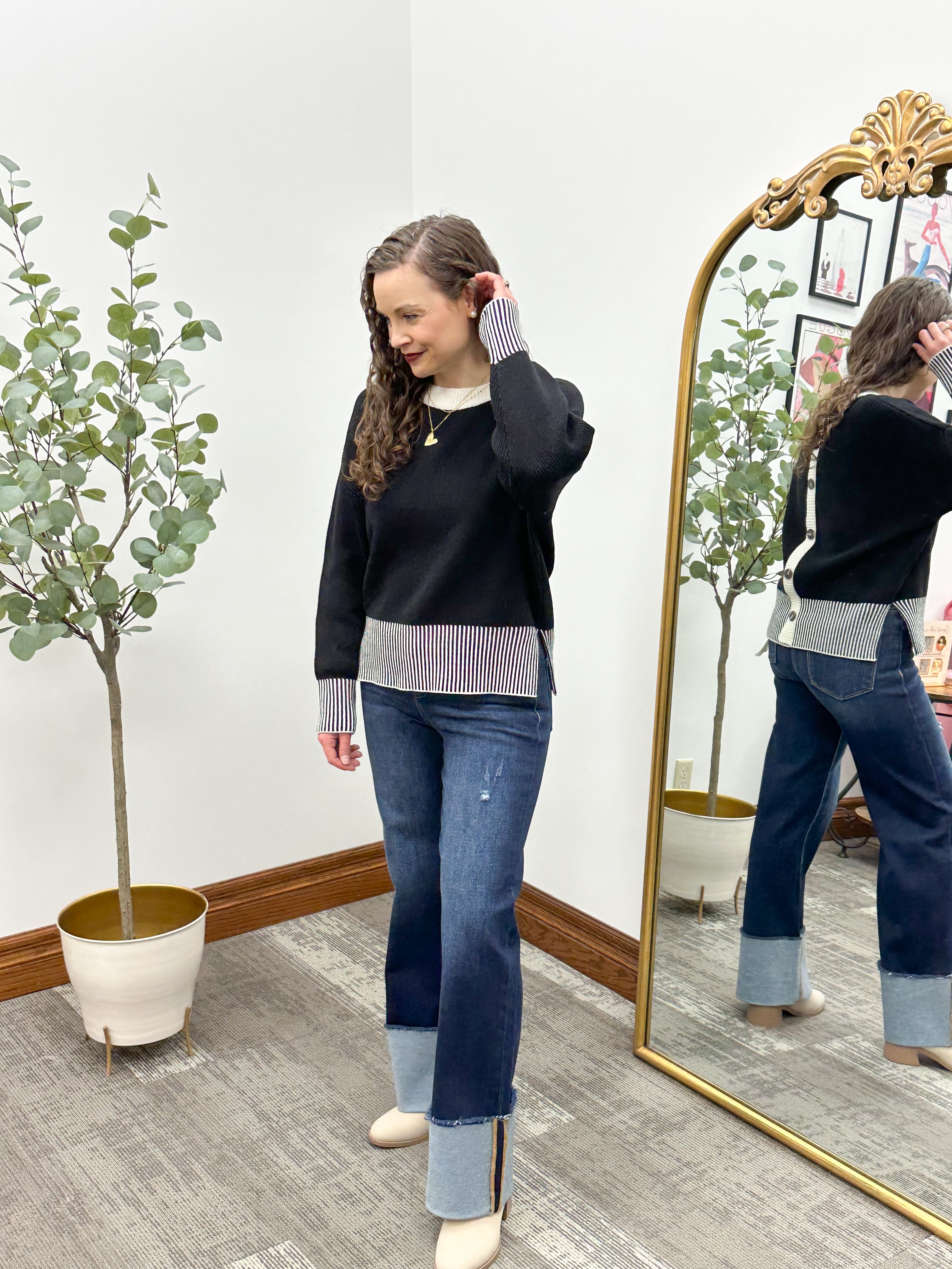 Black Contrast Striped Hem Sweater