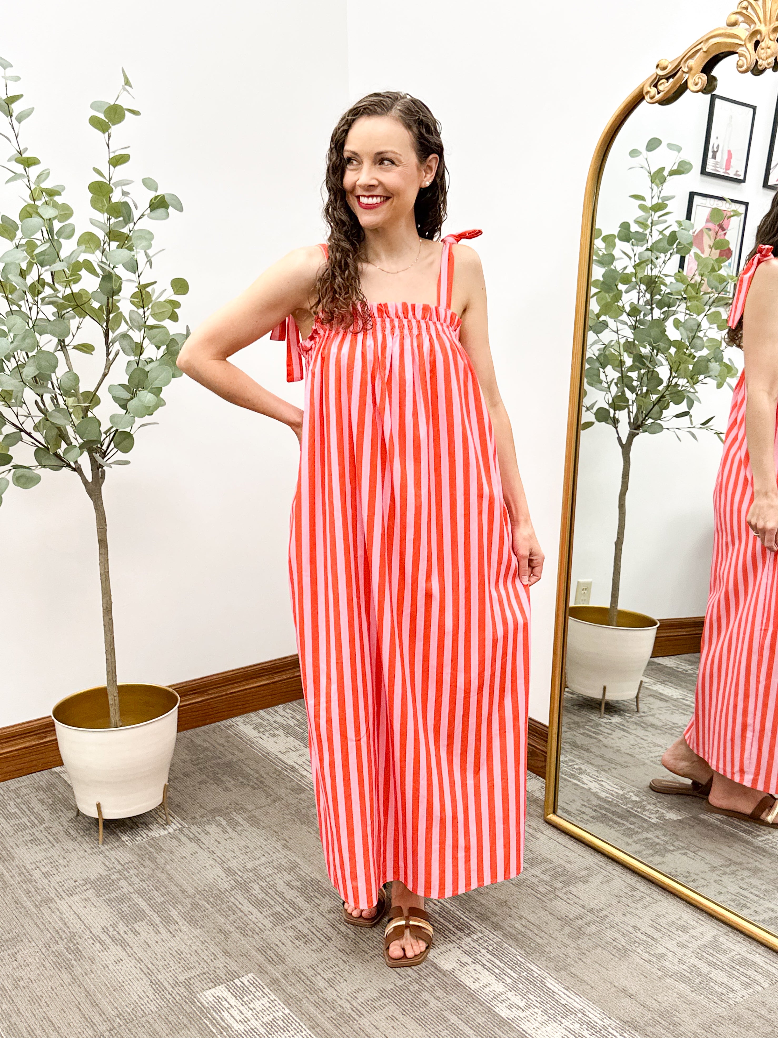 Pink and red striped dress, vacation dress, long flowy dress, cute summer dress