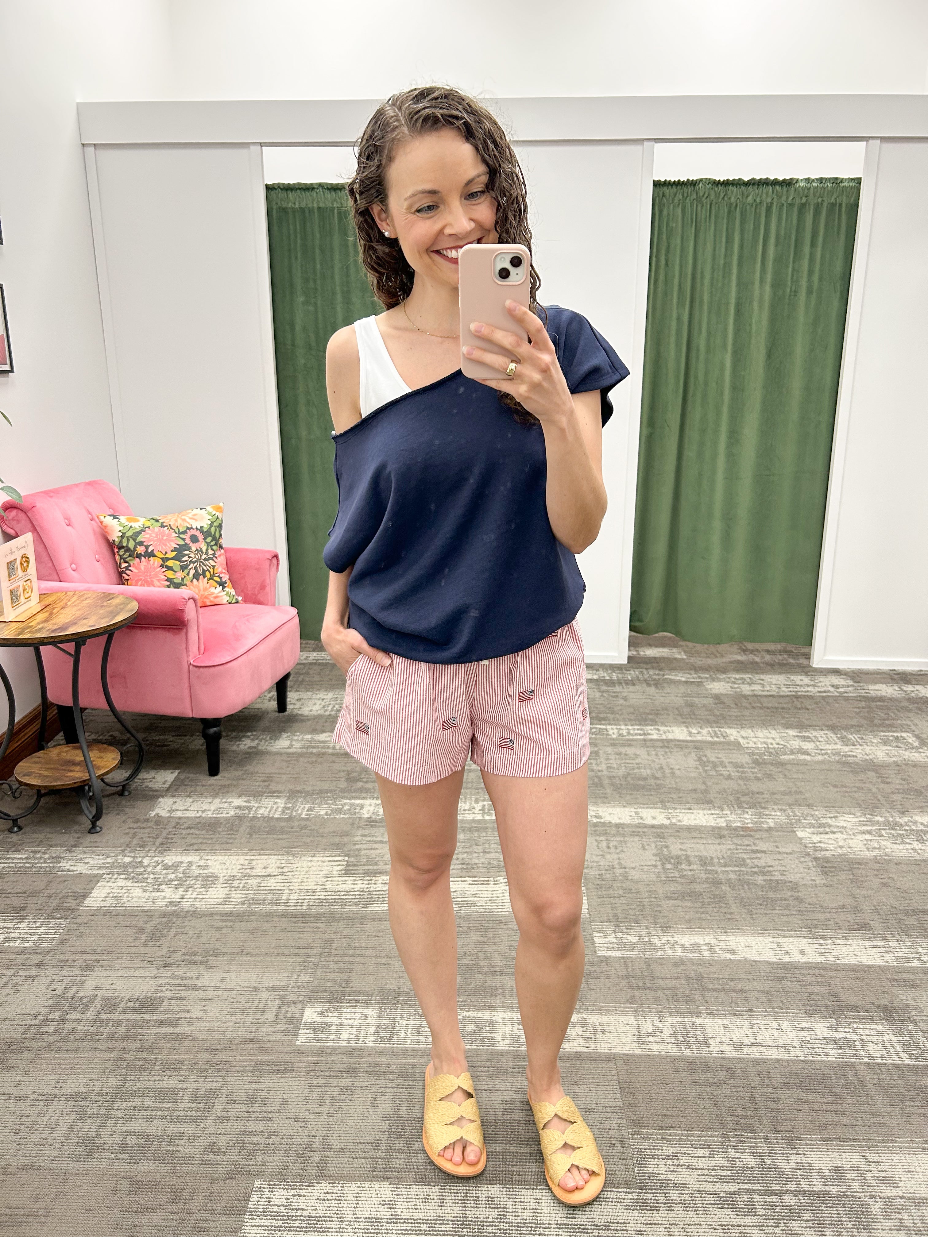 Navy French Terry Off The Shoulder Top