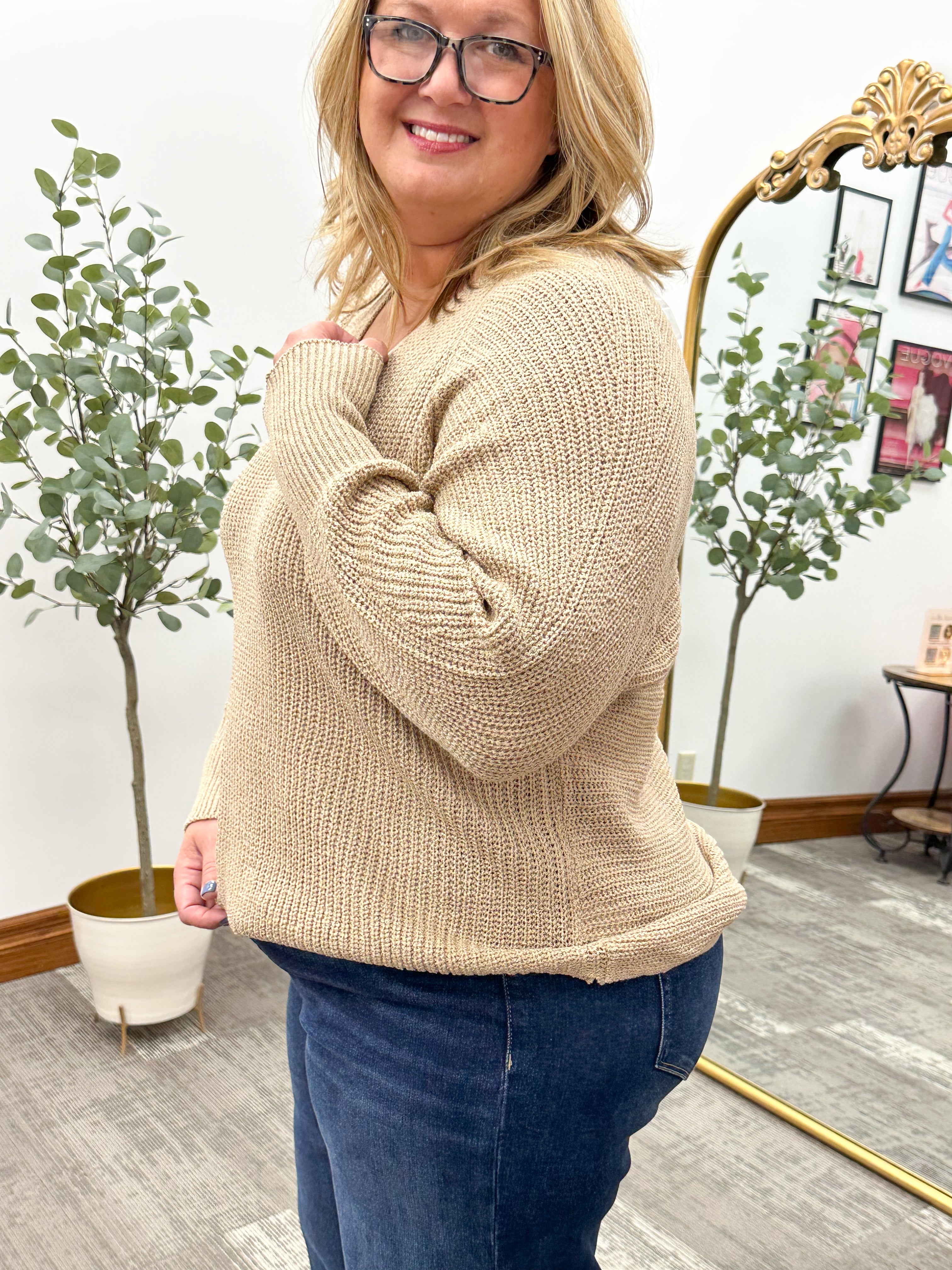 Taupe V-Neck Lightweight Sweater