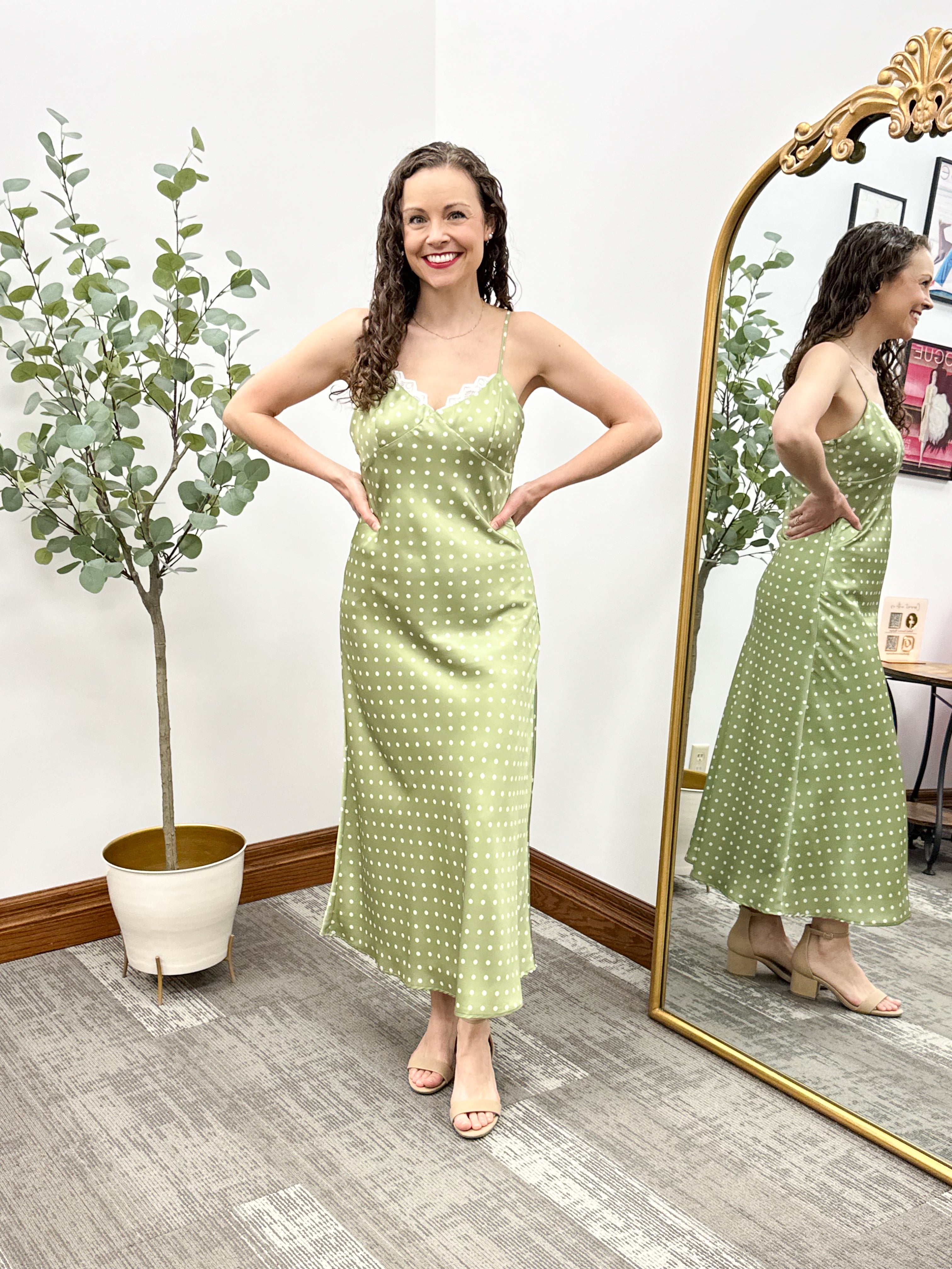 Green Polka Dot Satin Slip Dress