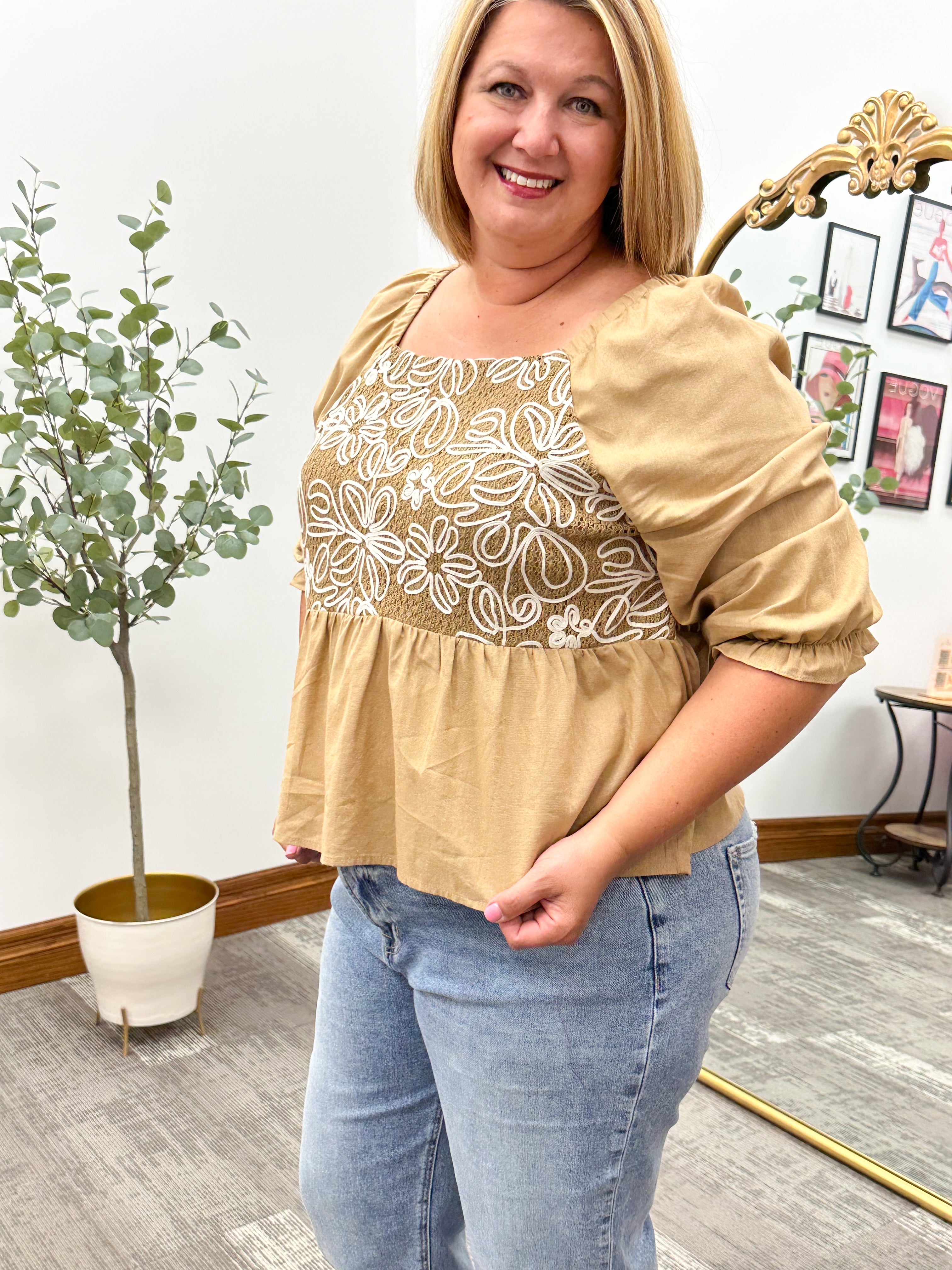 Plus Size Neutral Floral Embroidered Peplum Top
